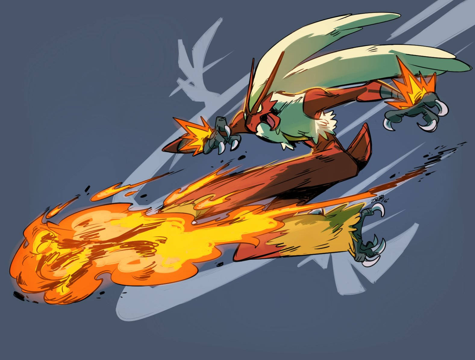 Blaziken 桌布 壁紙 — 一隻火鳥般的寶可夢在灰色天空中動態翱翔，身後拖曳著熾熱的橙色火焰。