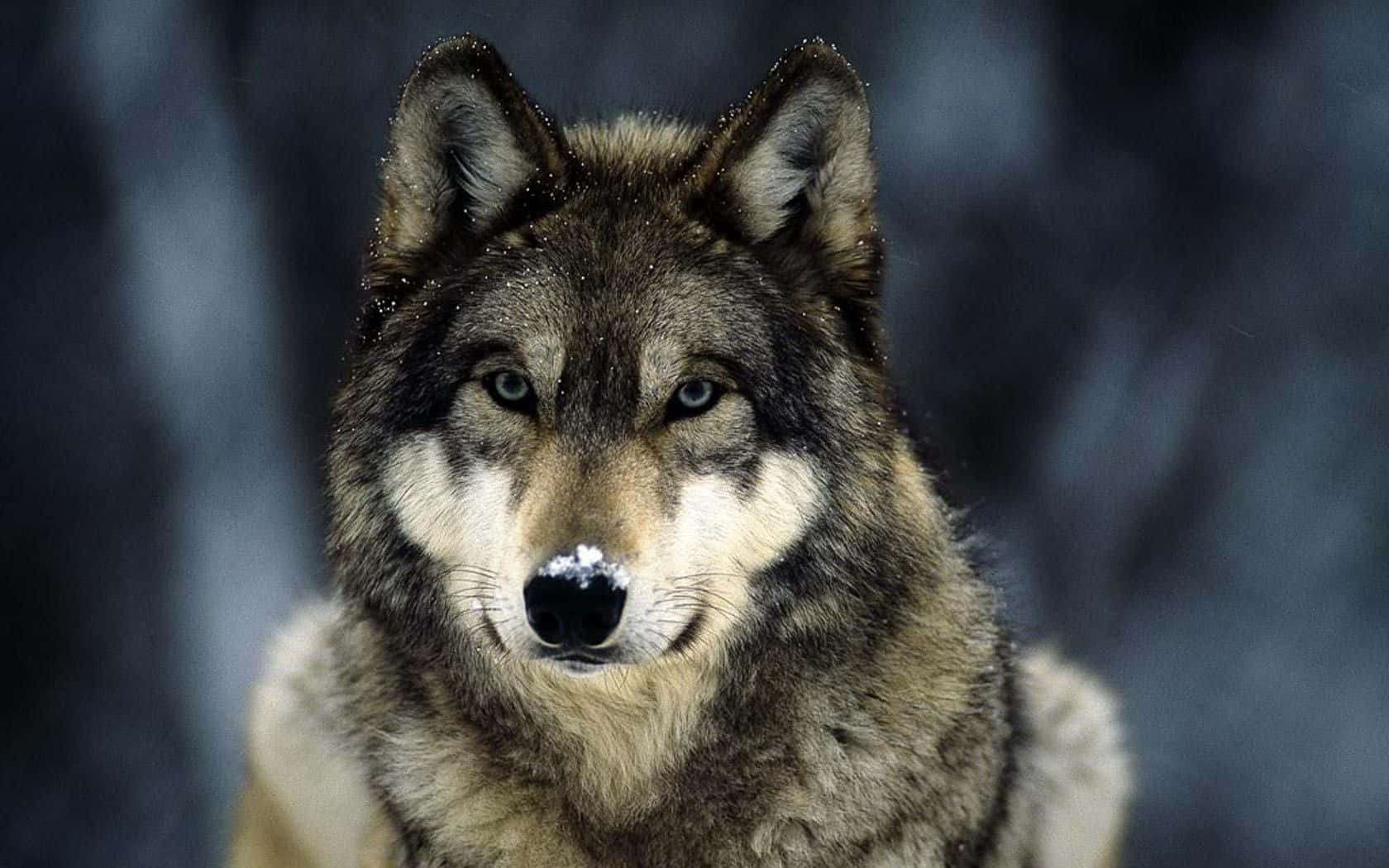 Alpha Wolf 桌布 壁紙 — 一隻灰狼的特寫，鼻子上有雪花，在模糊的雪地森林背景下專注地凝視。