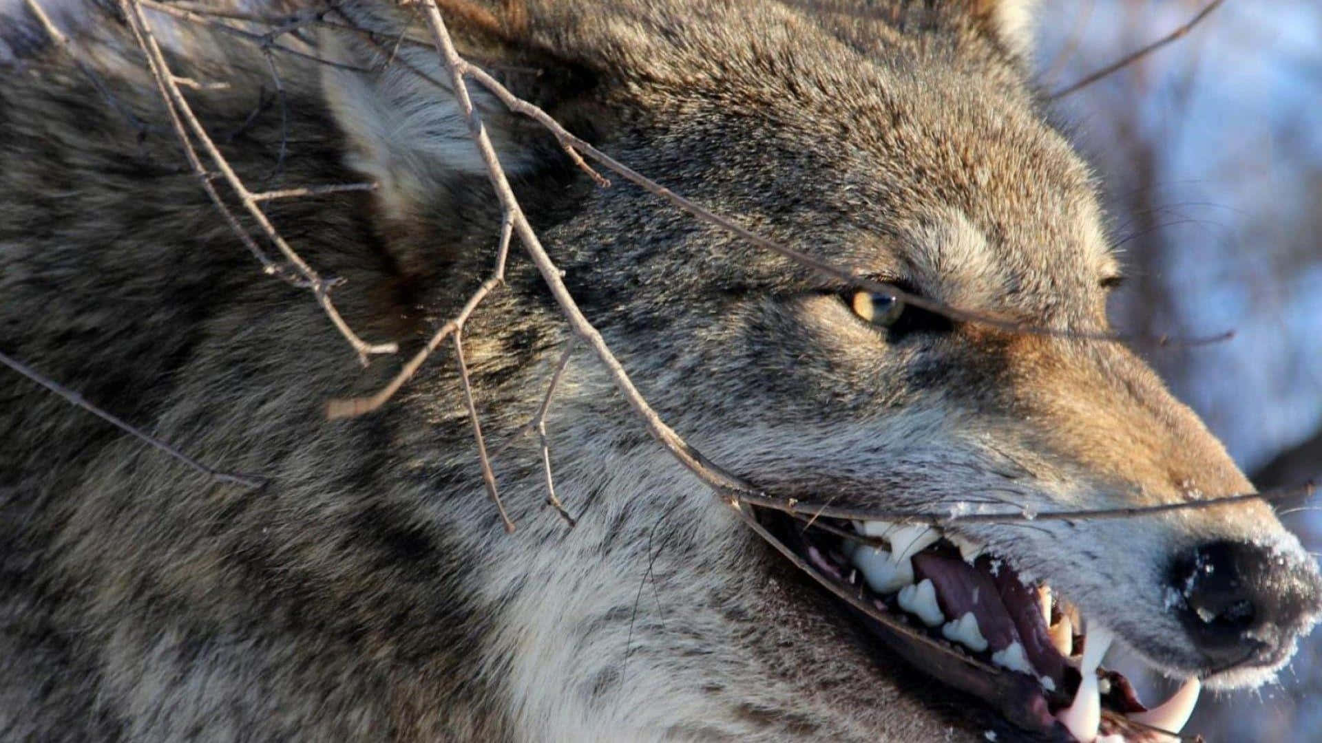 Angry Wolf 桌布 壁紙 — 一隻灰狼的近距離特寫，露出牙齒，眼神凌厲，周圍是光禿的冬季樹枝。