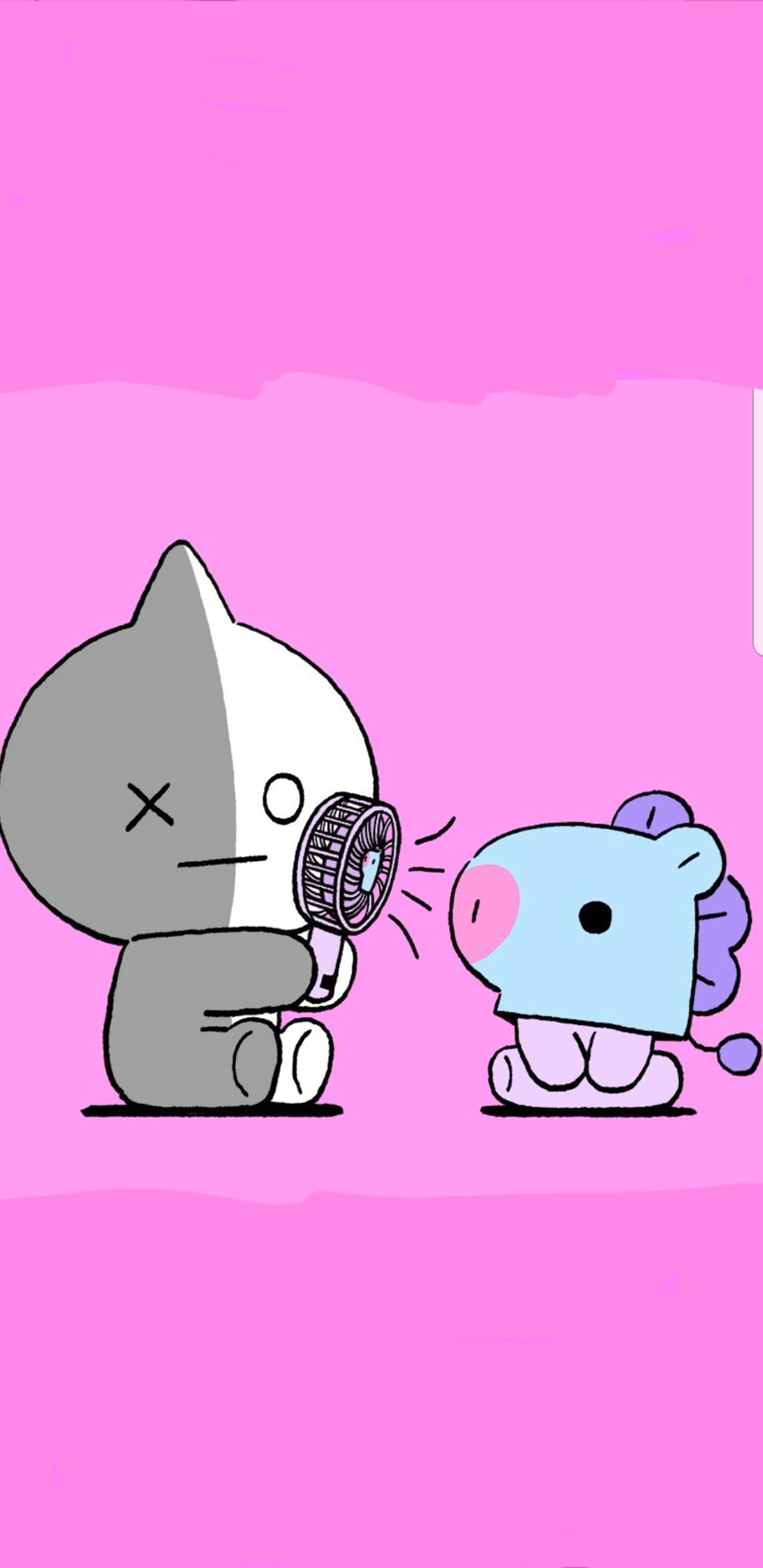 van bt21 桌布 壁紙 — 一隻灰白相間的卡通貓用風扇向一隻藍色卡通豬吹氣，背景為純粉色。