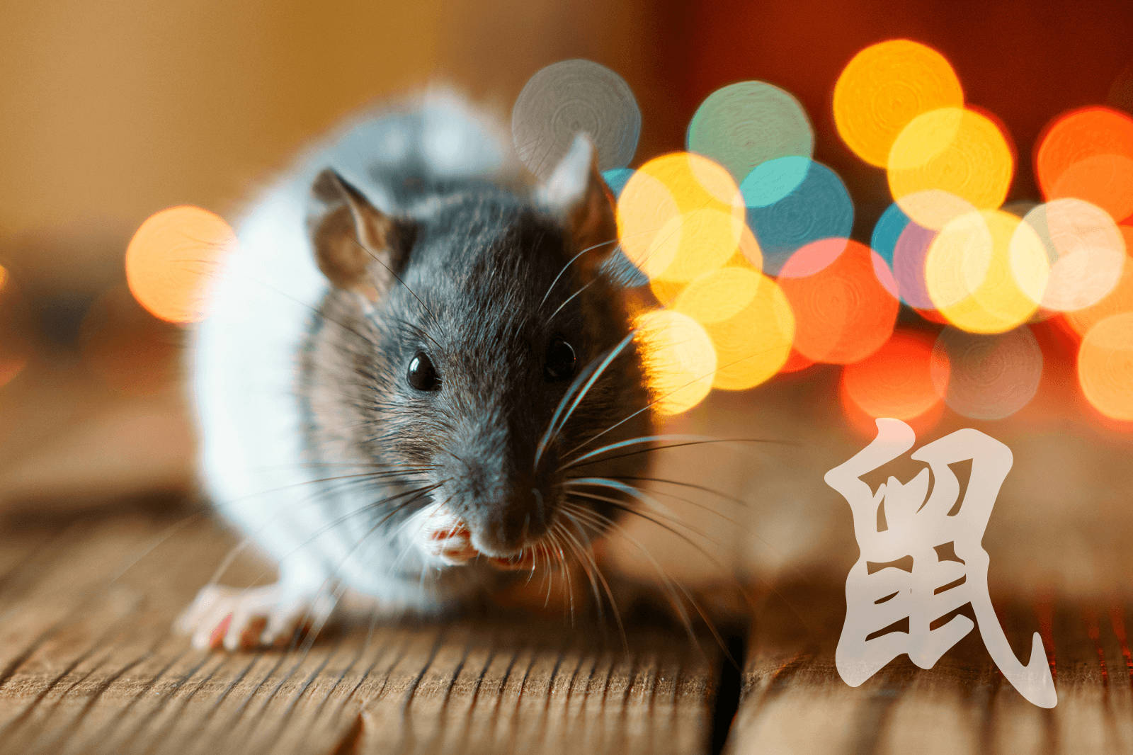 Rat 桌布 壁紙 — 一隻灰白相間的老鼠在木質表面上的特寫，背景有彩色散景燈光和一個中文字。