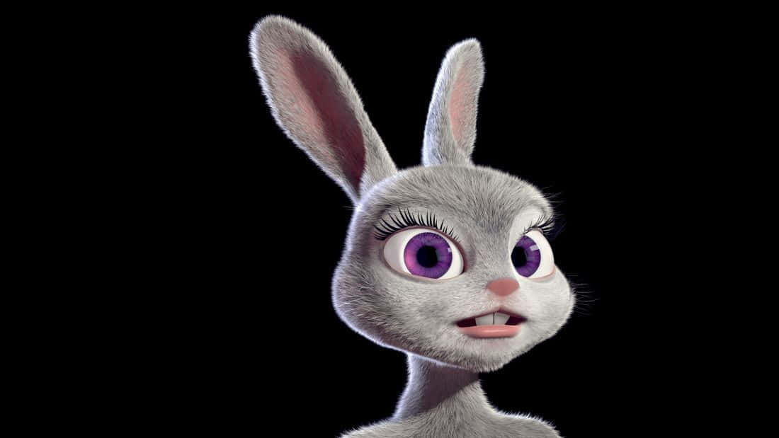 Miss Rabbit 桌布 壁紙 — 一隻灰色動畫兔子的特寫，擁有紫色眼睛和長睫毛，背景為黑色。