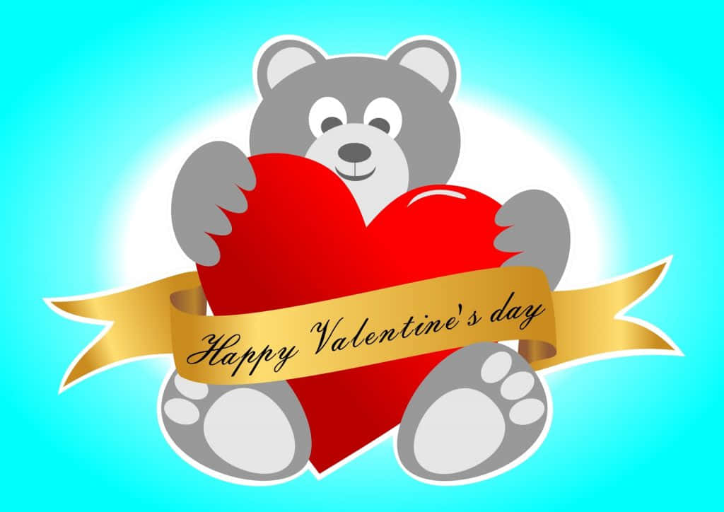 bear love 桌布 壁紙 — 一隻灰色卡通熊在明亮的青色背景上擁抱一個帶有金色橫幅的紅色心形，橫幅上寫著Happy Valentine's day。