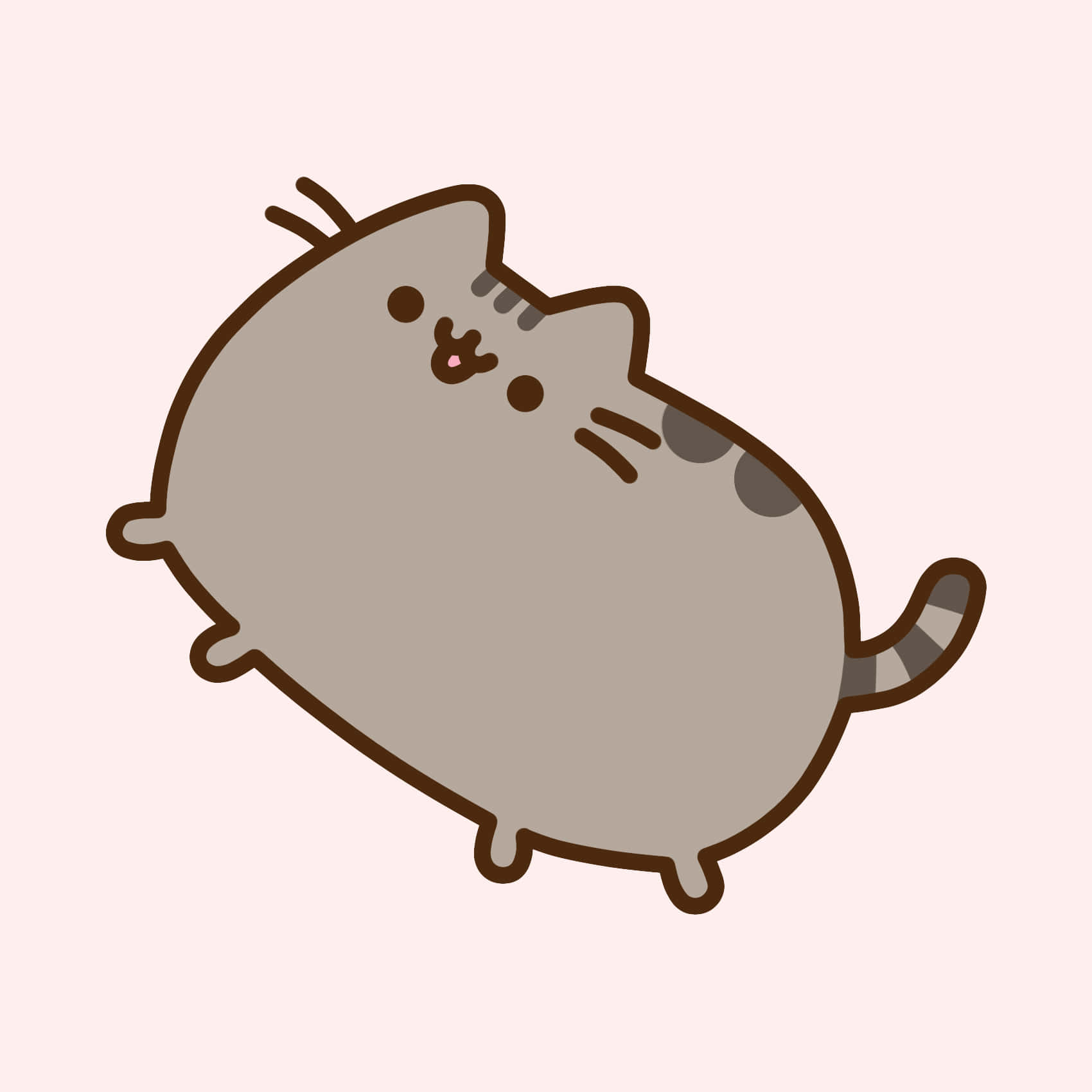 pusheen 動圖 桌布 壁紙 — 一隻灰色卡通肥貓，帶有棕色輪廓和條紋尾巴，漂浮在柔和的粉紅色背景上。