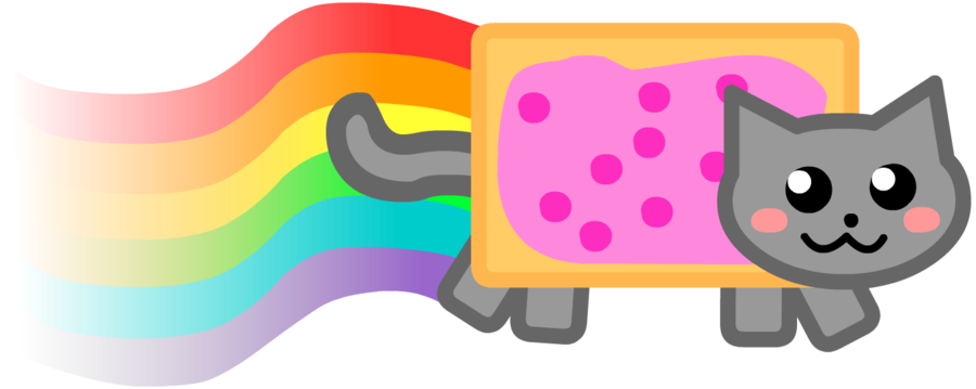 Nyan Cat 桌布 壁紙 — 一隻灰色卡通貓，身上有粉紅色圓點餅乾身體，身後留下一道鮮豔的彩虹痕跡。