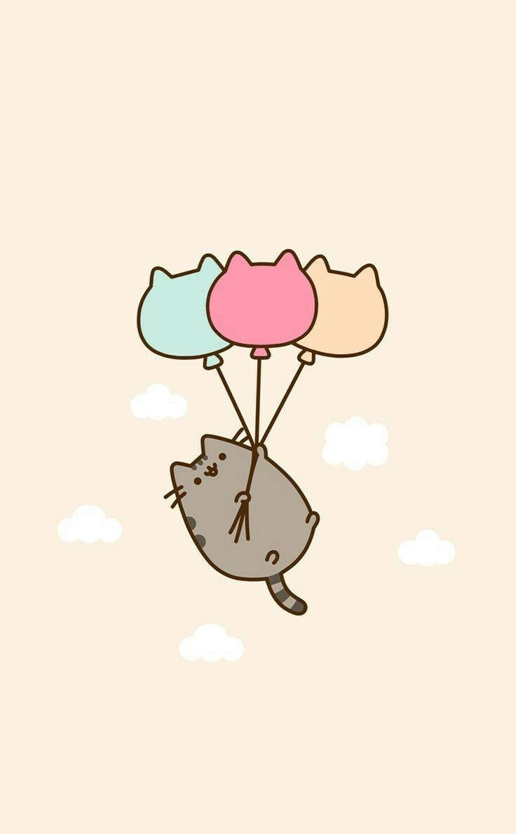pusheen 動圖 桌布 壁紙 — 一隻灰色卡通貓咪在柔和的米色天空中輕輕漂浮，手持三個粉彩貓形氣球，下方有 fluffy 白色雲朵。