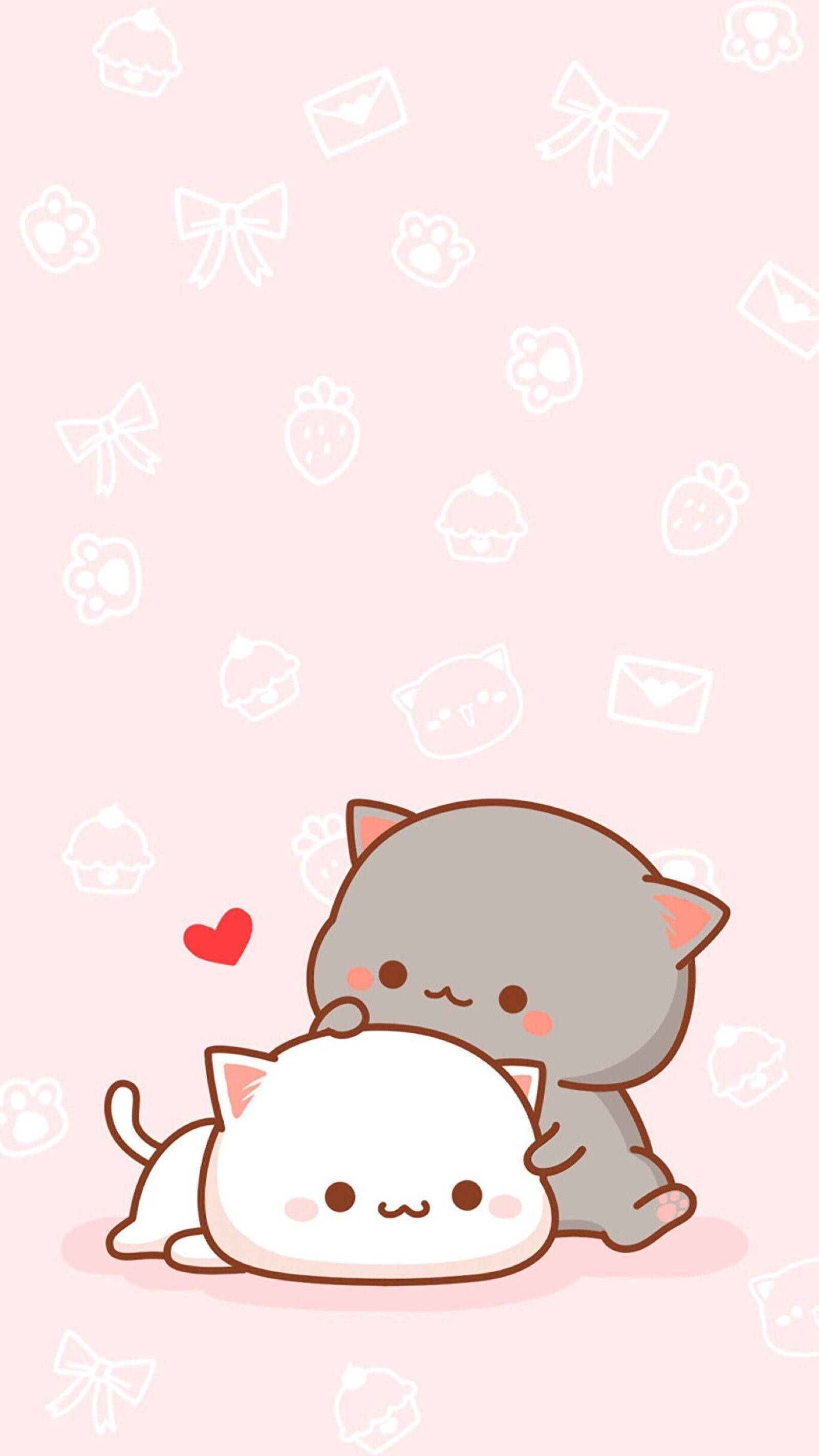 Kawaii Cute Animals 桌布 壁紙 — 一隻灰色可愛貓咪溫柔地擁抱一隻白色貓咪，背景是柔和的粉紅色，散落著可愛的圖標。