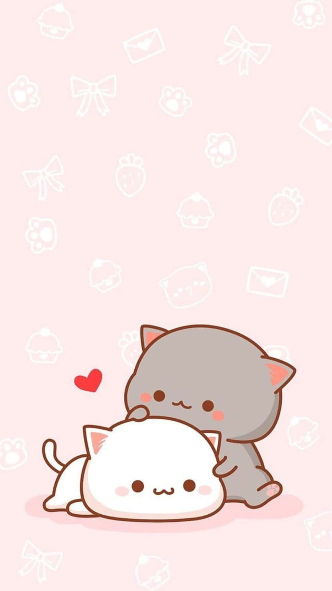 Kawaii Cartoon 桌布 壁紙 — 一隻灰色可愛貓咪溫柔地擁抱一隻白色貓咪，背景是柔和的粉紅色，散落著可愛的圖標。
