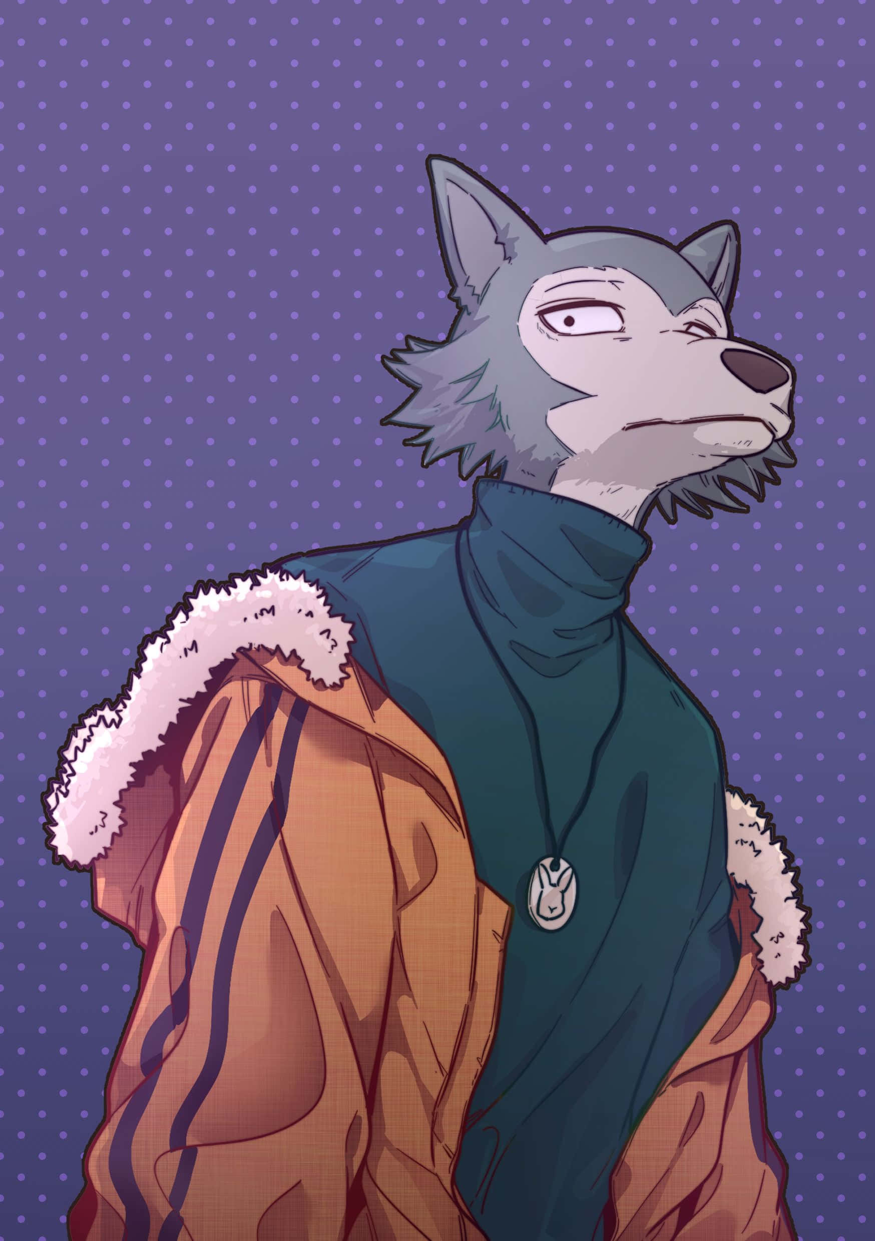 桌布 壁紙 — 一隻灰色擬人化狼，身穿青綠色高領毛衣和橙色外套（白色毛邊），站在紫色圓點背景前。