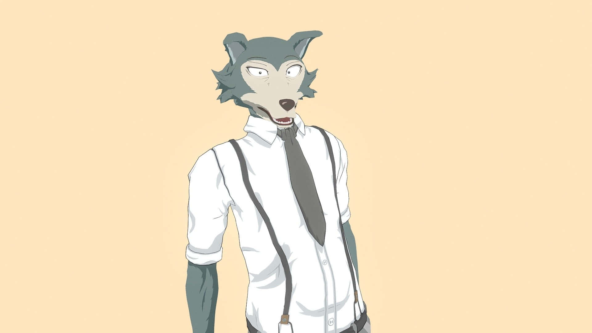 獸星 桌布 壁紙 — 一隻灰色擬人化的狼，穿著白色襯衫和吊帶褲，站在純桃色背景前，表情自鳴得意。