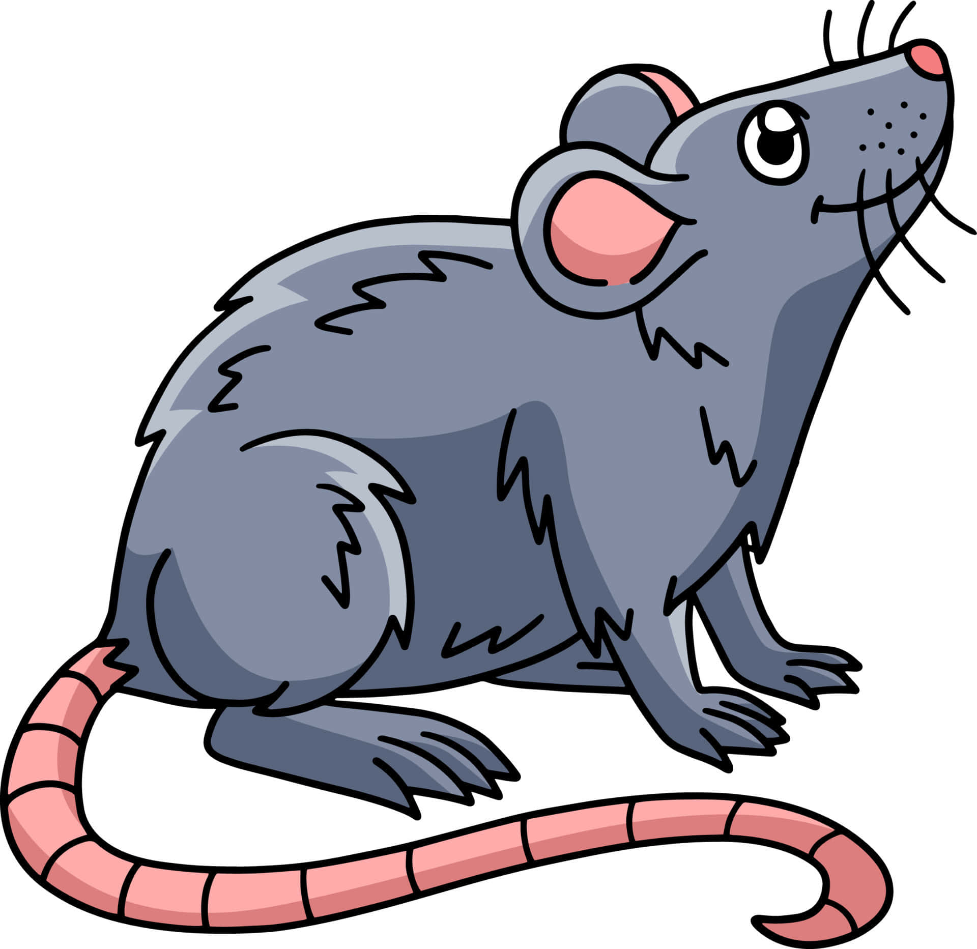 Mouse 桌布 壁紙 — 一隻灰色毛髮、粉紅色尾巴的卡通老鼠，警覺地坐在純白色背景前。