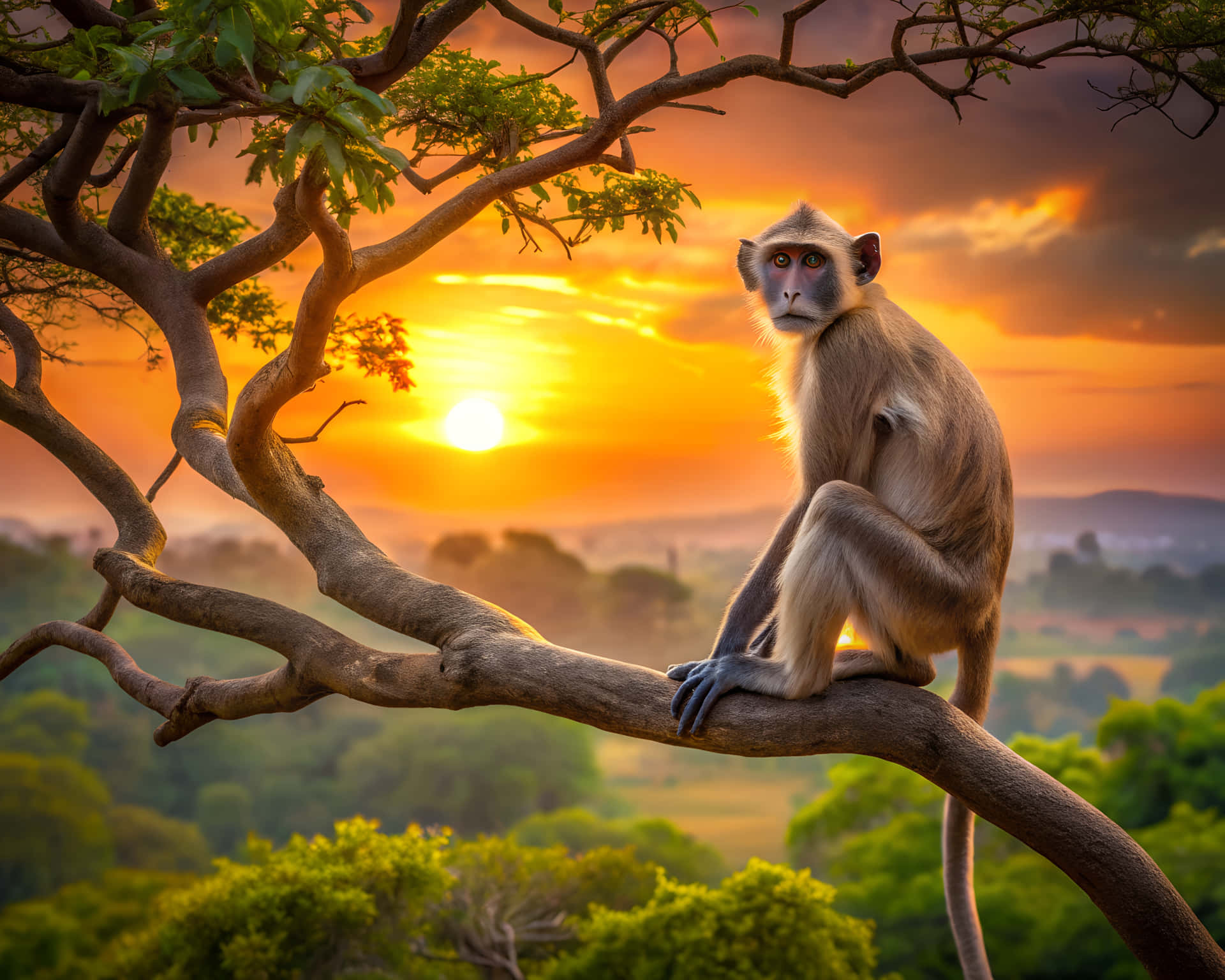 Monkey on a tree branch 壁紙 — 一隻灰色猴子靜靜地坐在彎曲的樹枝上，一輪充滿活力的橙色太陽在遠山後落下。