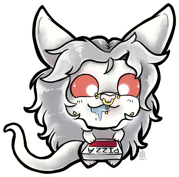 Drooling 桌布 壁紙 — 一隻灰色的chibi風格貓，紅色眼睛，對著牠拿著的披薩盒流口水。
