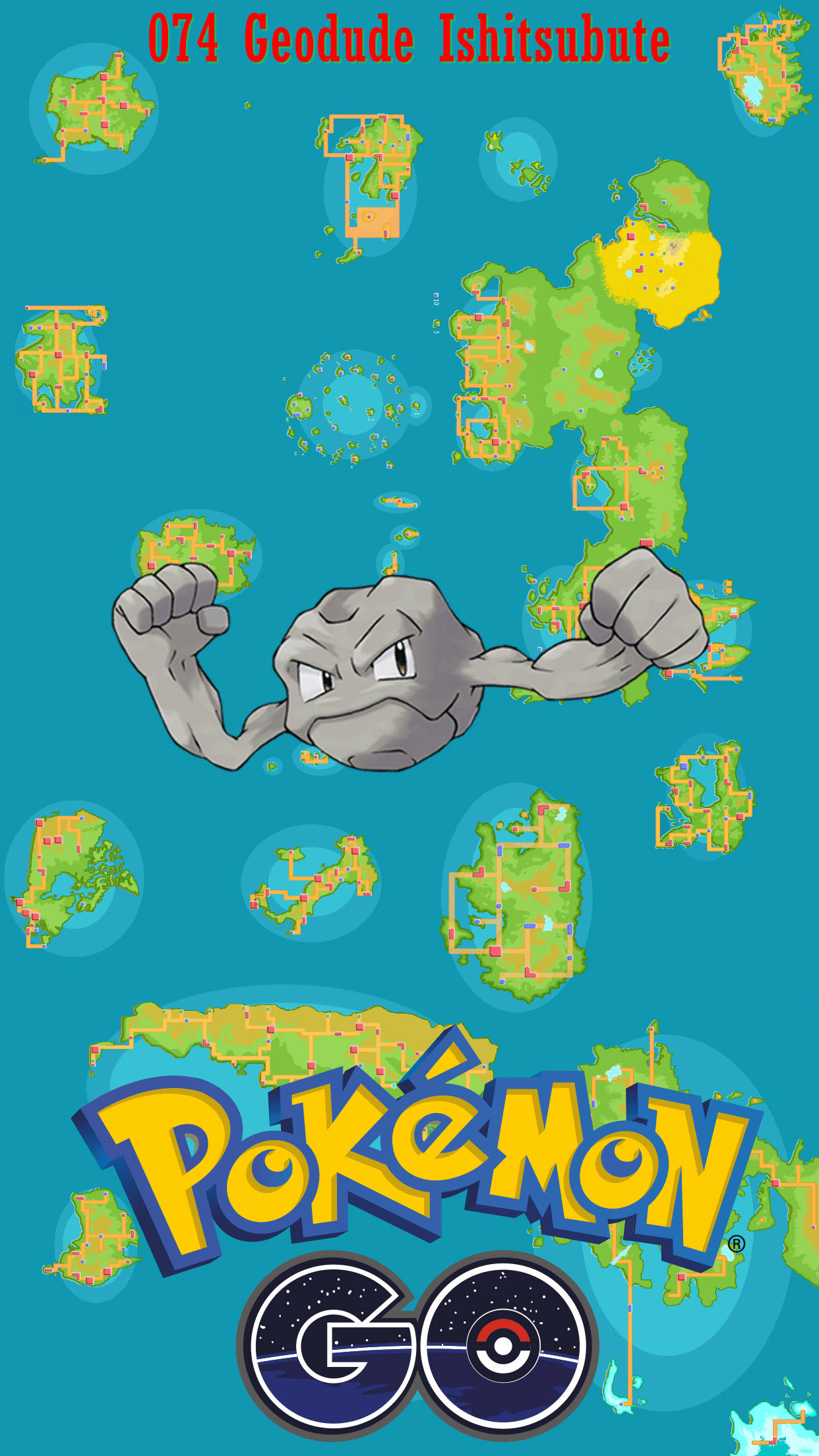 寶可夢 桌布 壁紙 — 一隻灰色的小拳石在充滿漂浮的 Pokémon GO 地圖碎片的青綠色背景前握緊拳頭。