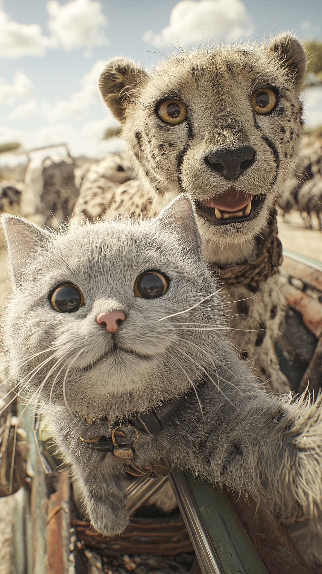 Feline Friends 壁紙 — 一隻灰色的貓和一隻有斑點皮毛的獵豹一起坐在一輛生鏽的車輛裡，天空明亮，有蓬鬆的雲朵。