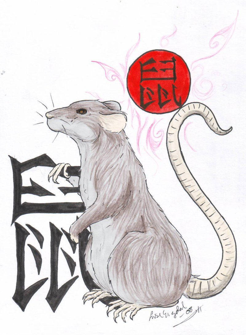 Rat 桌布 壁紙 — 一隻灰色老鼠直立站立的詳細插圖，旁邊是風格化的黑色字體，上方有一個帶有中文字的紅色圓形徽章。