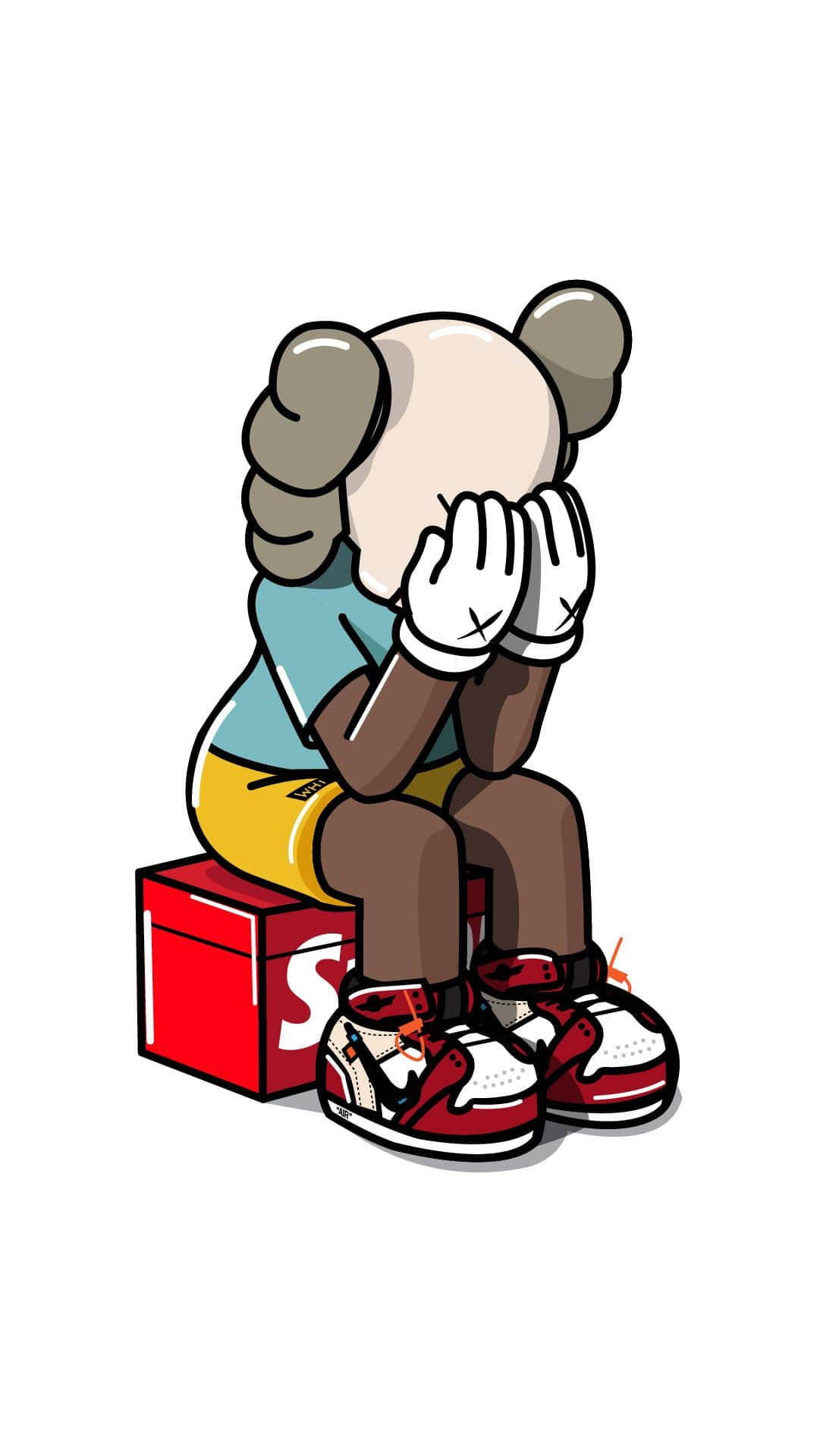 kaws 4K 桌布 壁紙 — 一隻灰色耳朵的卡通熊坐在紅色Supreme盒子上，用手遮住臉，穿著紅白運動鞋。