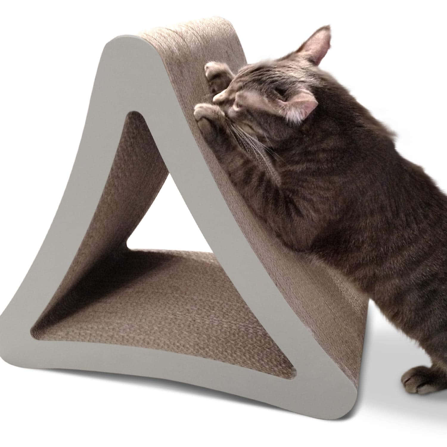Cat Scratching Post 桌布 壁紙 — 一隻灰色虎斑貓向上伸展，在潔白背景前抓撓一個現代三角形貓抓板。