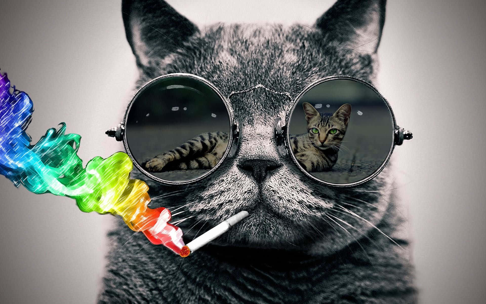 酷貓 桌布 壁紙 — 一隻灰色貓咪戴著圓形太陽眼鏡，呼出鮮豔的彩虹煙霧，鏡片中反射出另一隻貓咪。