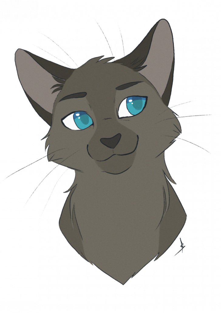 Cat Drawing 桌布 壁紙 — 一隻灰色貓咪擁有引人注目的藍色眼睛，在純黑背景前，以風格化的數位插畫向前凝視。