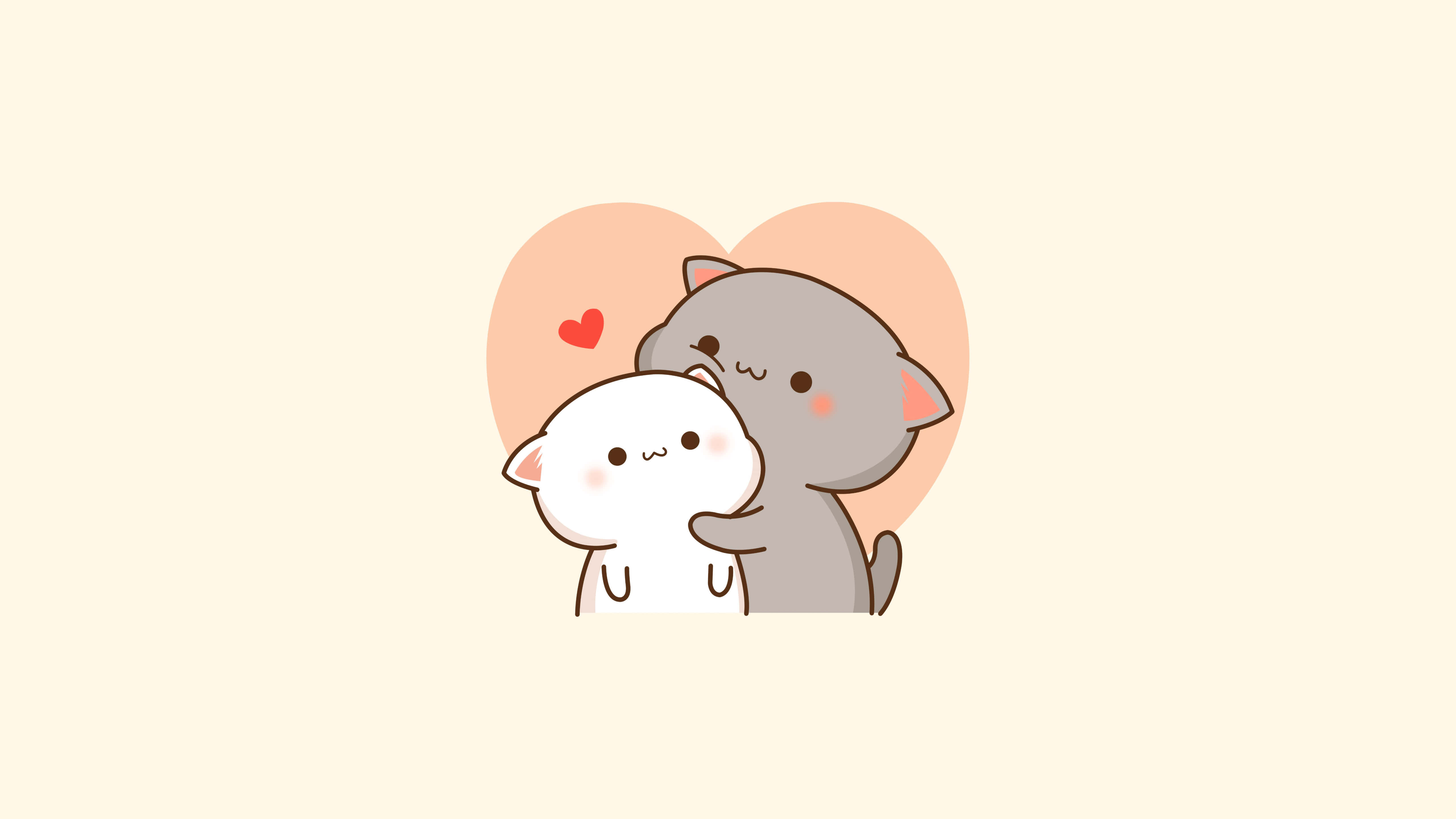 Cute Cat Pfp 桌布 壁紙 — 一隻灰色貓咪溫柔地擁抱一隻白色貓咪，背景是柔軟的蜜桃色愛心，附近漂浮著一個小紅心。