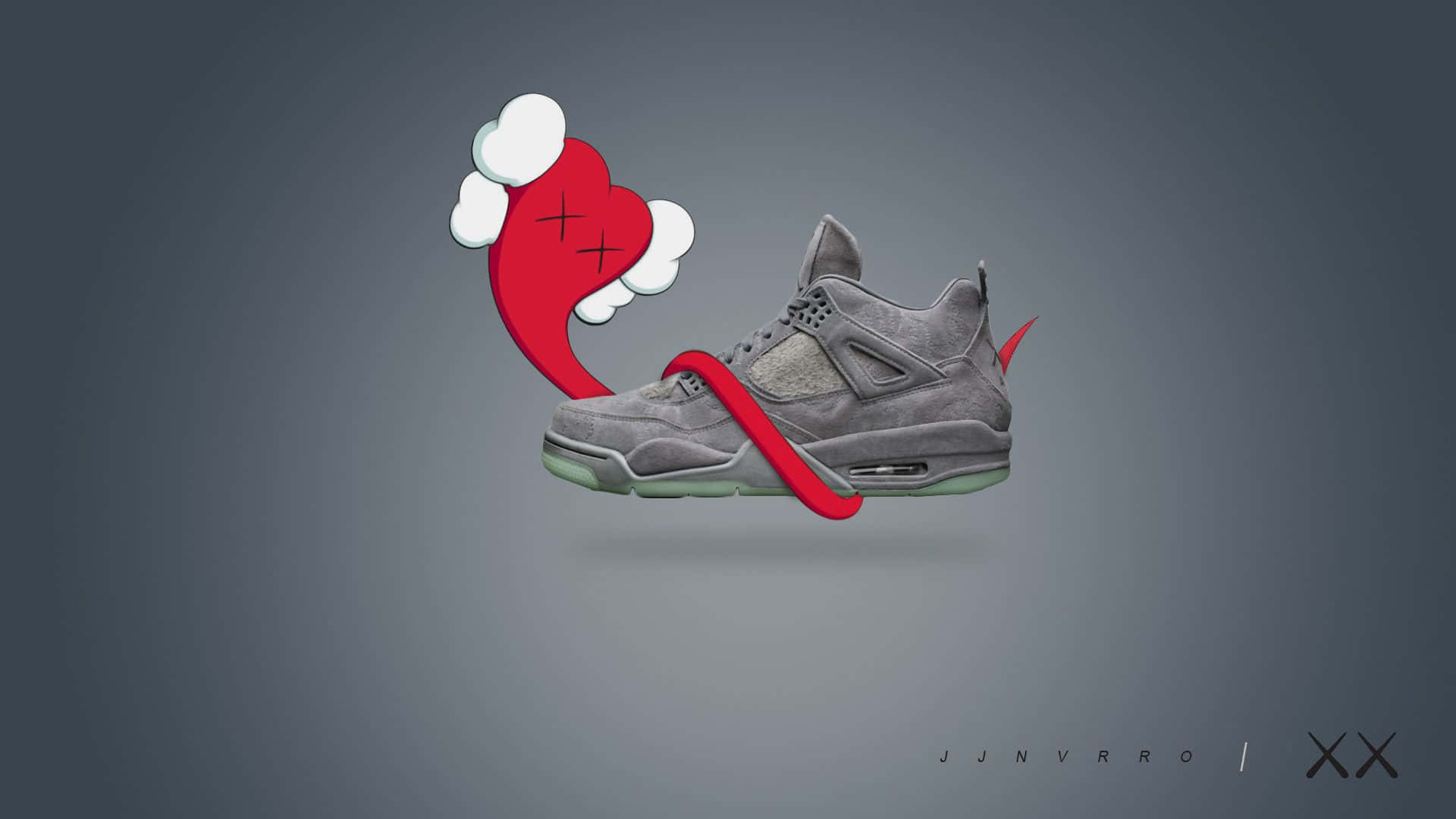 KAWS 桌布 壁紙 — 一隻灰色運動鞋，旁邊漂浮著一個紅色心形雲朵和絲帶，背景是柔和的灰色。