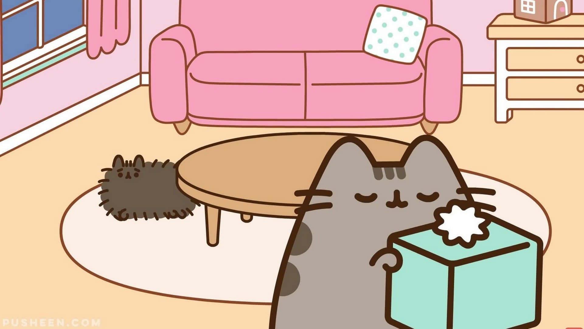 pusheen 動圖 桌布 壁紙 — 一隻灰貓閉著眼睛拿著紙巾盒，而一隻毛茸茸的黑貓在旁邊睡覺，在舒適的粉紅色客廳裡。