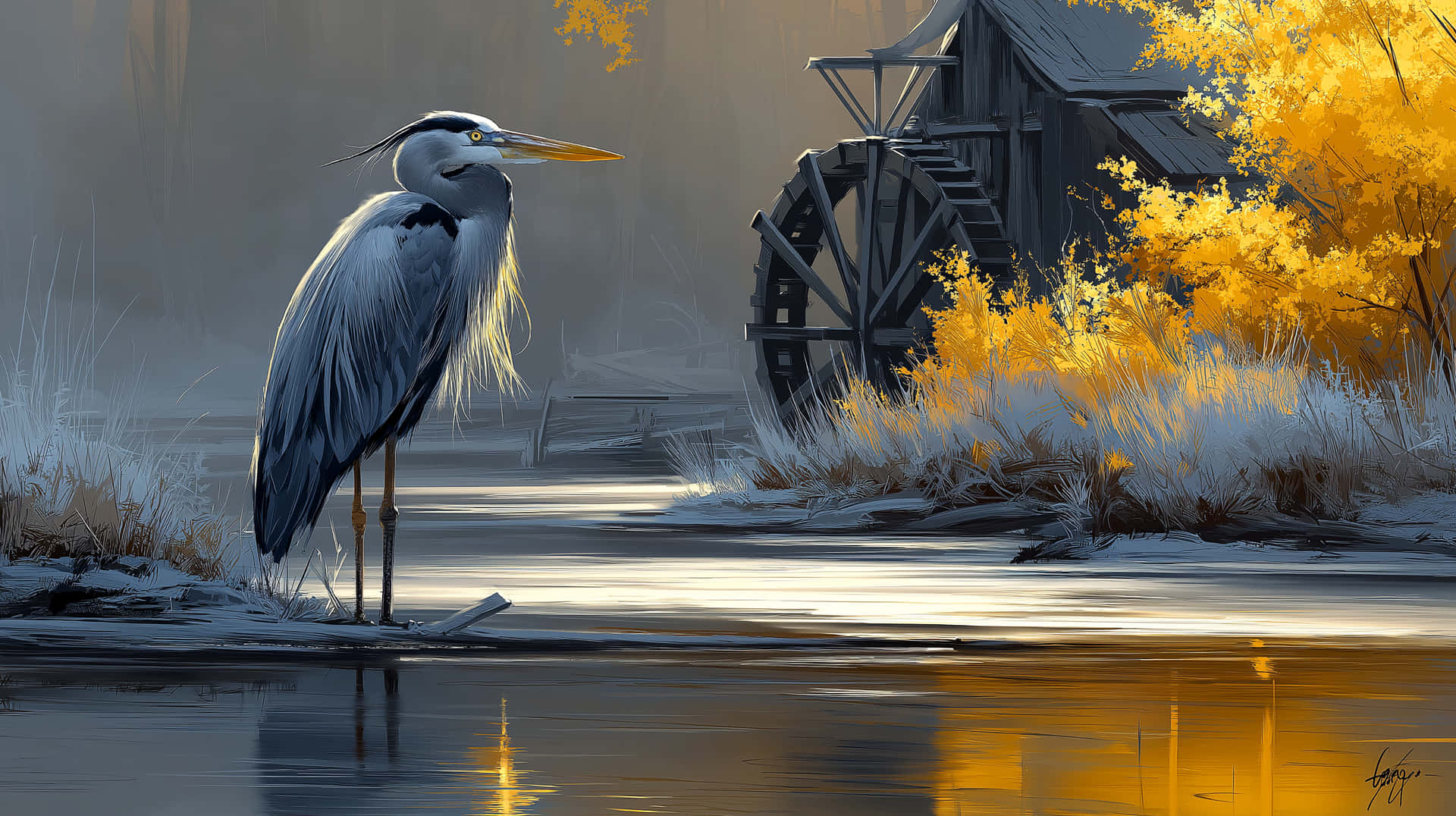 Graceful Heron by Watermill in Autumnal Waterscape 壁紙 — 一隻灰鷺站在平靜的水中，旁邊是一座質樸的木製水車，周圍環繞著金色的秋葉。