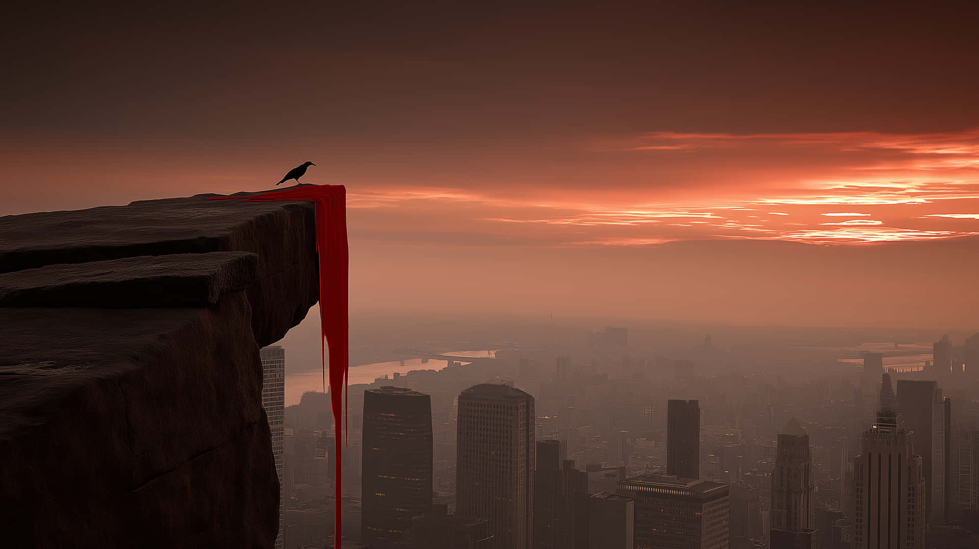 Raven on Cliff Edge Overlooking City at Sunset 壁紙 — 一隻烏鴉棲息在懸崖邊緣，那裡有一塊鮮紅色的布料垂落在日落時分朦朧的城市景觀上。