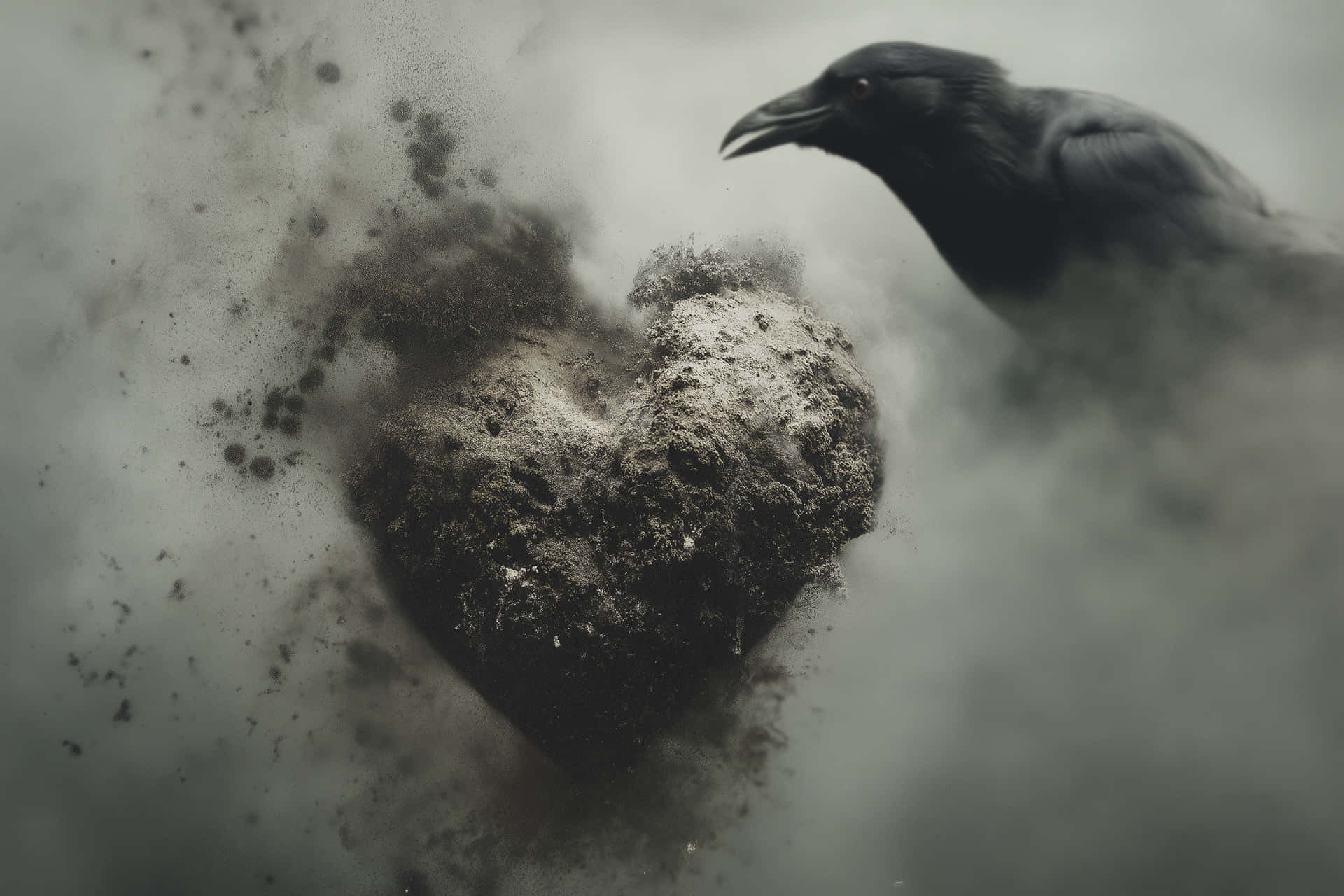 Textured Heart Amidst Dust with Observing Raven 壁紙 — 一隻烏鴉看著一個由崩裂的泥土和灰塵組成的心臟在迷霧般的黑白場景中瓦解。