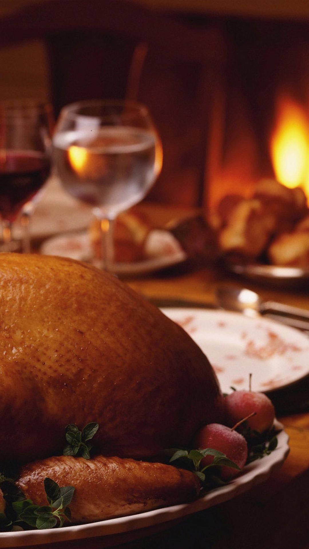 Turkey Happy Thanksgiving 桌布 壁紙 — 一隻烤火雞配上蘋果和香草，放在盤子上，置於噼啪作響的壁爐前，附近有酒杯。