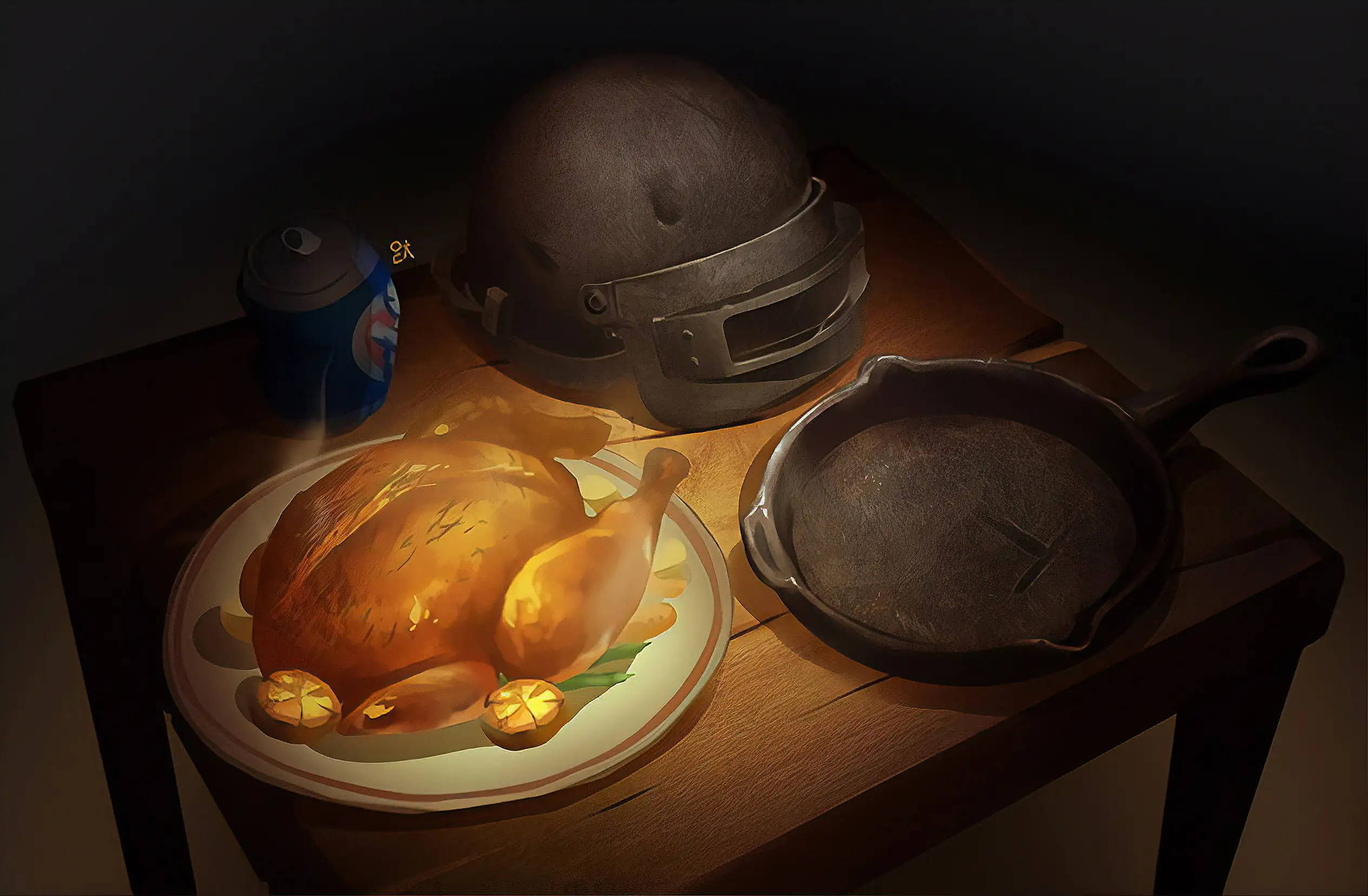 Playerunknown's Battlegrounds 桌布 壁紙 — 一隻烤雞配檸檬裝飾放在盤子上，旁邊有頭盔和煎鍋，在木桌上溫暖的聚光燈下。