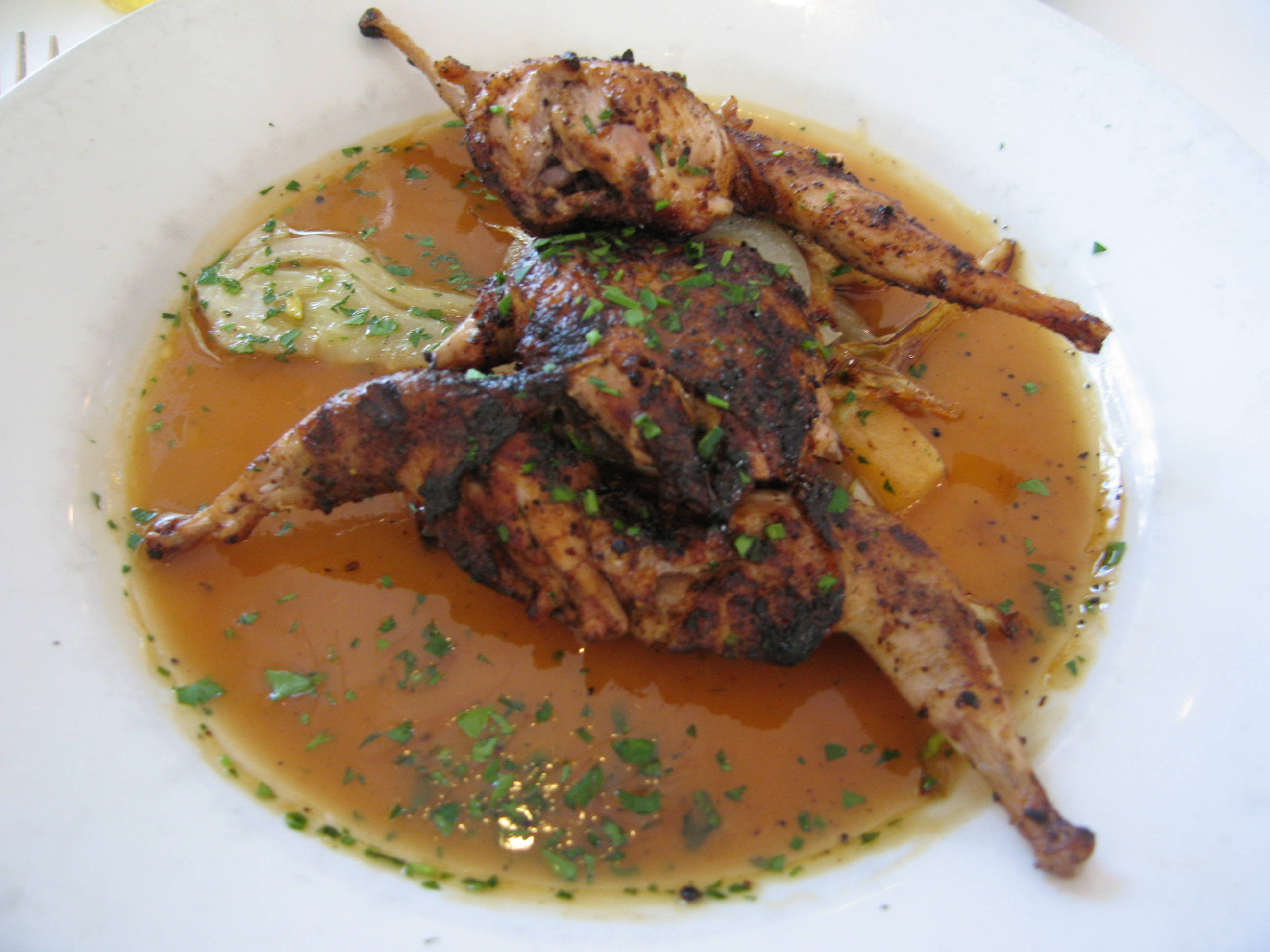 Quail 桌布 壁紙 — 一隻烤鵪鶉皮脆肉嫩，放在白色盤子上，配上濃郁的棕色醬汁和新鮮歐芹裝飾。
