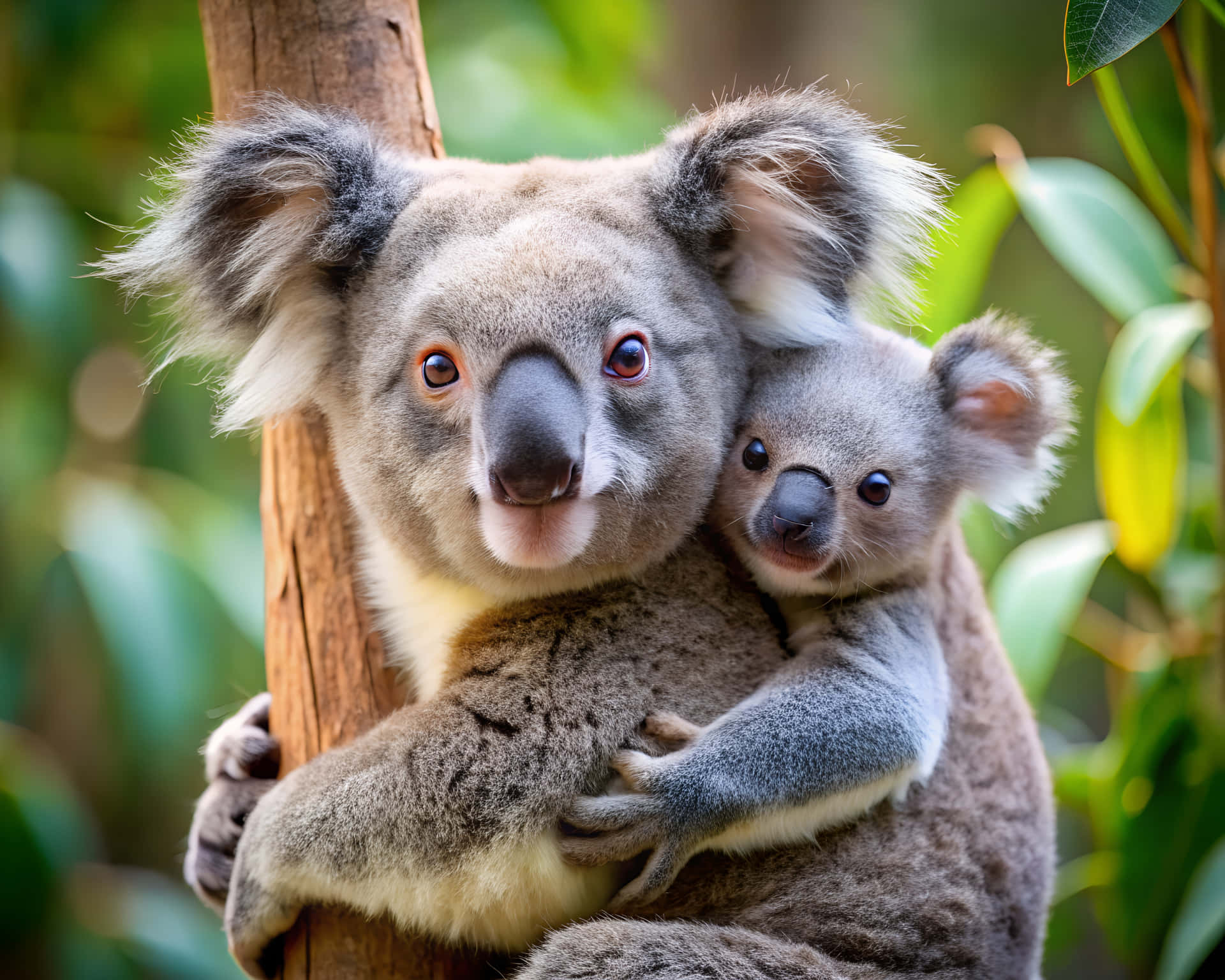 Koala 壁紙 — 一隻無尾熊媽媽將寶寶緊緊抱在胸前，同時緊抓著茂密綠色森林中的樹幹。