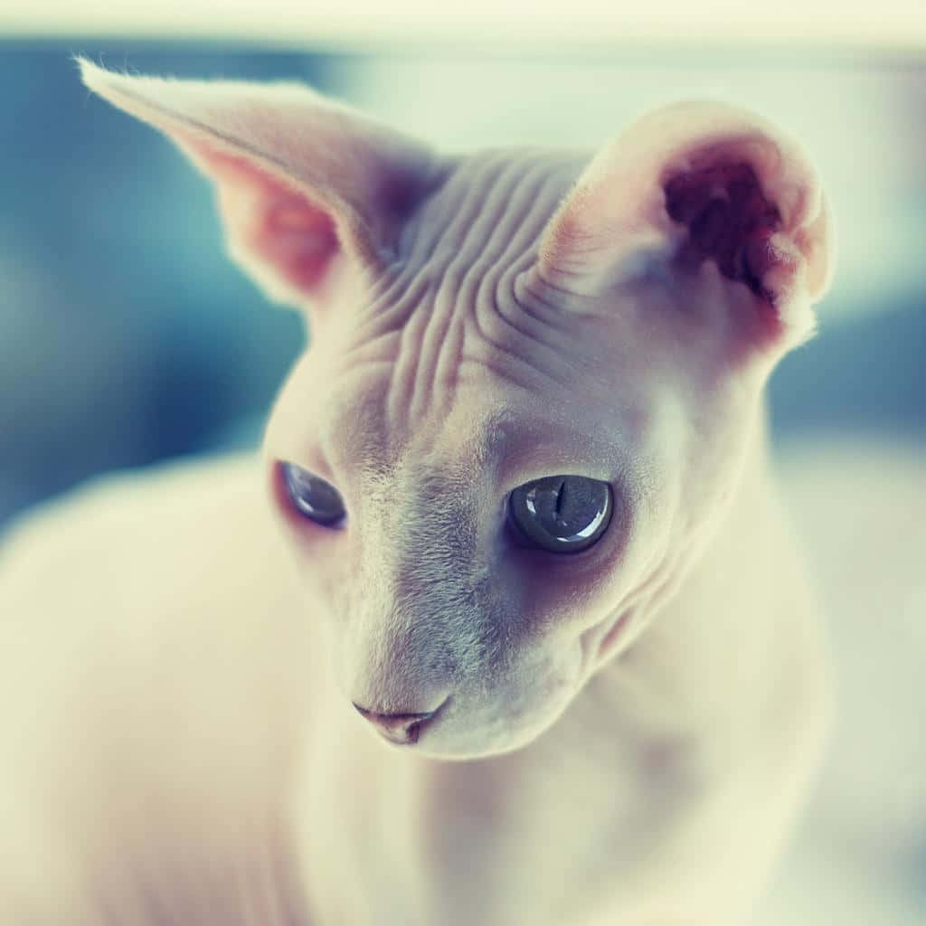 Sphynx 桌布 壁紙 — 一隻無毛的斯芬克斯貓，擁有大的耳朵和深邃的藍色眼睛，溫柔地凝視著鏡頭的近距離特寫。