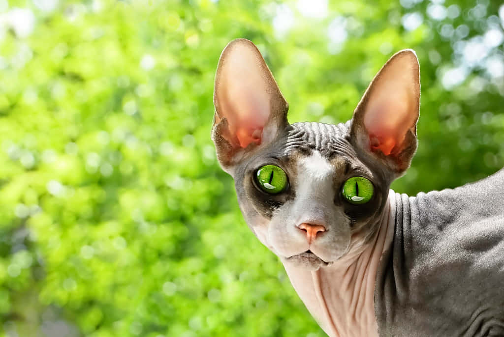 Canadian Sphynx 桌布 壁紙 — 一隻無毛的斯芬克斯貓，擁有引人注目的綠色眼睛，在鮮豔的綠色模糊樹葉背景下專注地凝視。