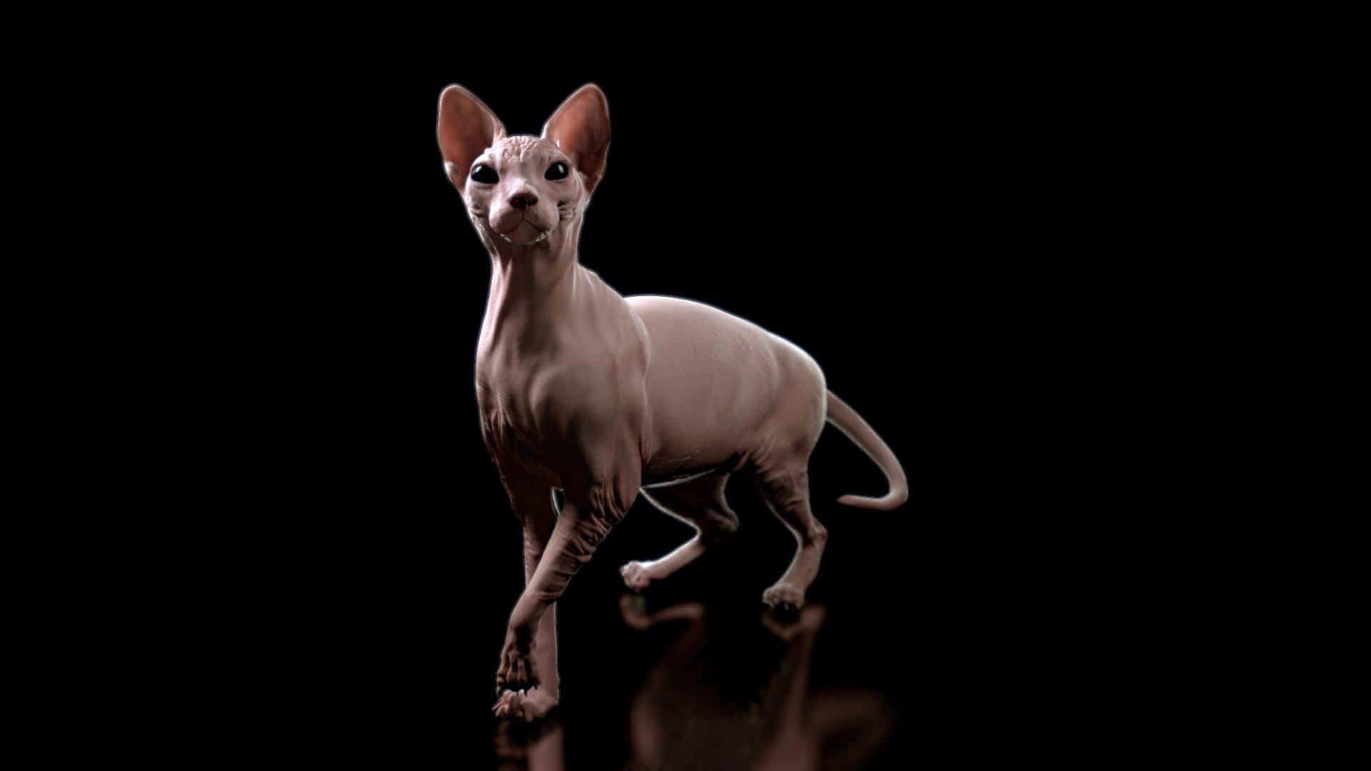 Sphynx 桌布 壁紙 — 一隻無毛的斯芬克斯貓在反射表面上優雅地站立，背景是純黑色。