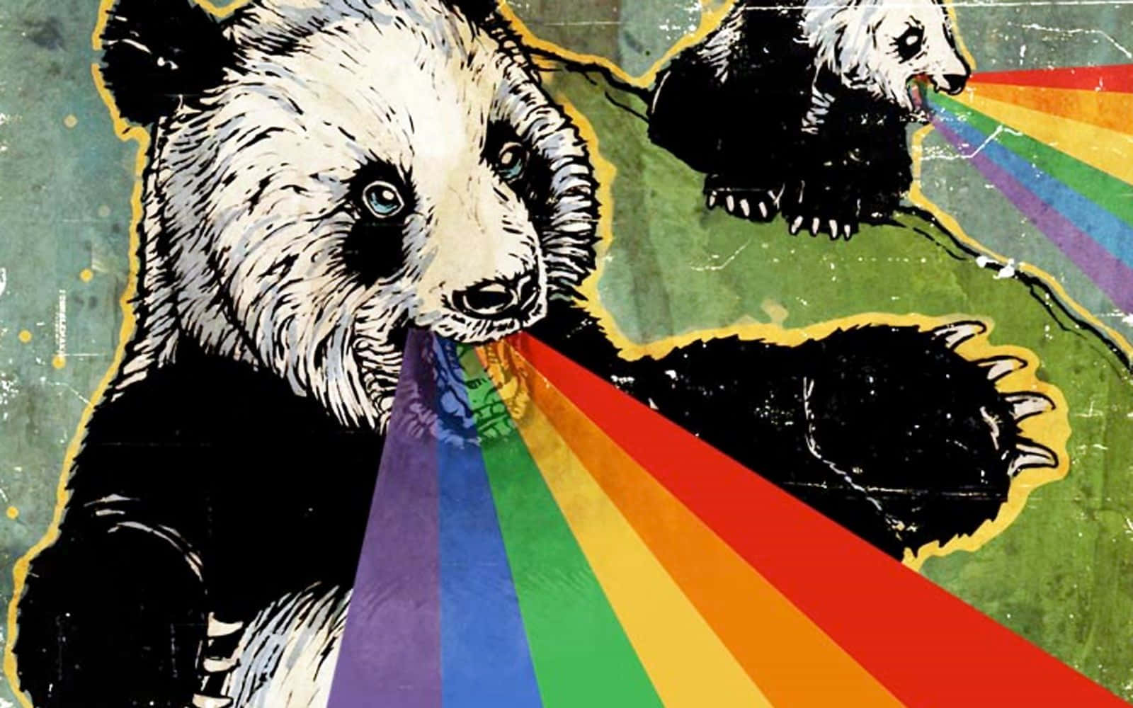 藝術 桌布 壁紙 — 一隻熊在紋理綠色背景上呼出充滿活力的彩虹光束的風格化插圖。