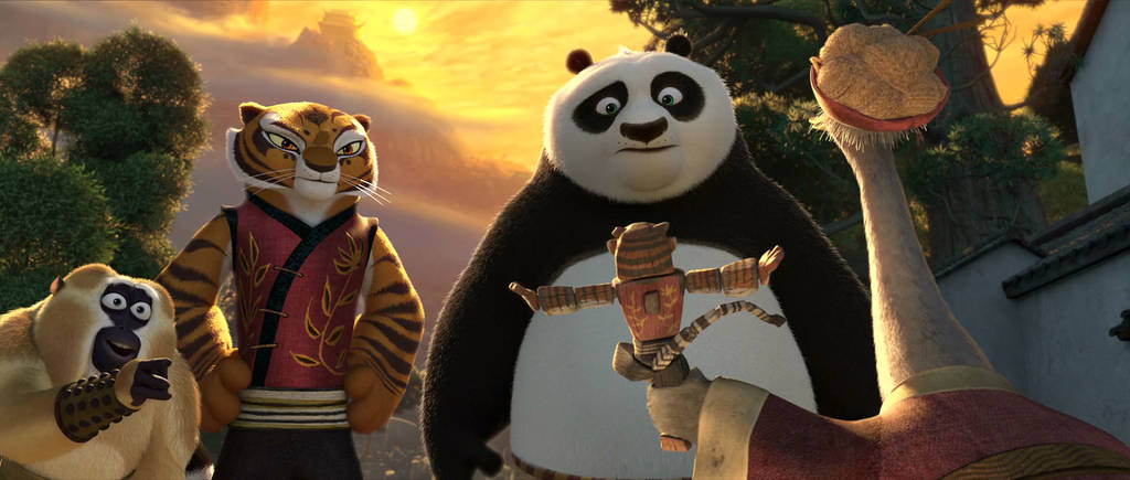 老虎 桌布 壁紙 — 一隻熊貓、老虎和猴子站在日落前，一隻鴕鳥在武術道場中頒發金色獎盃。