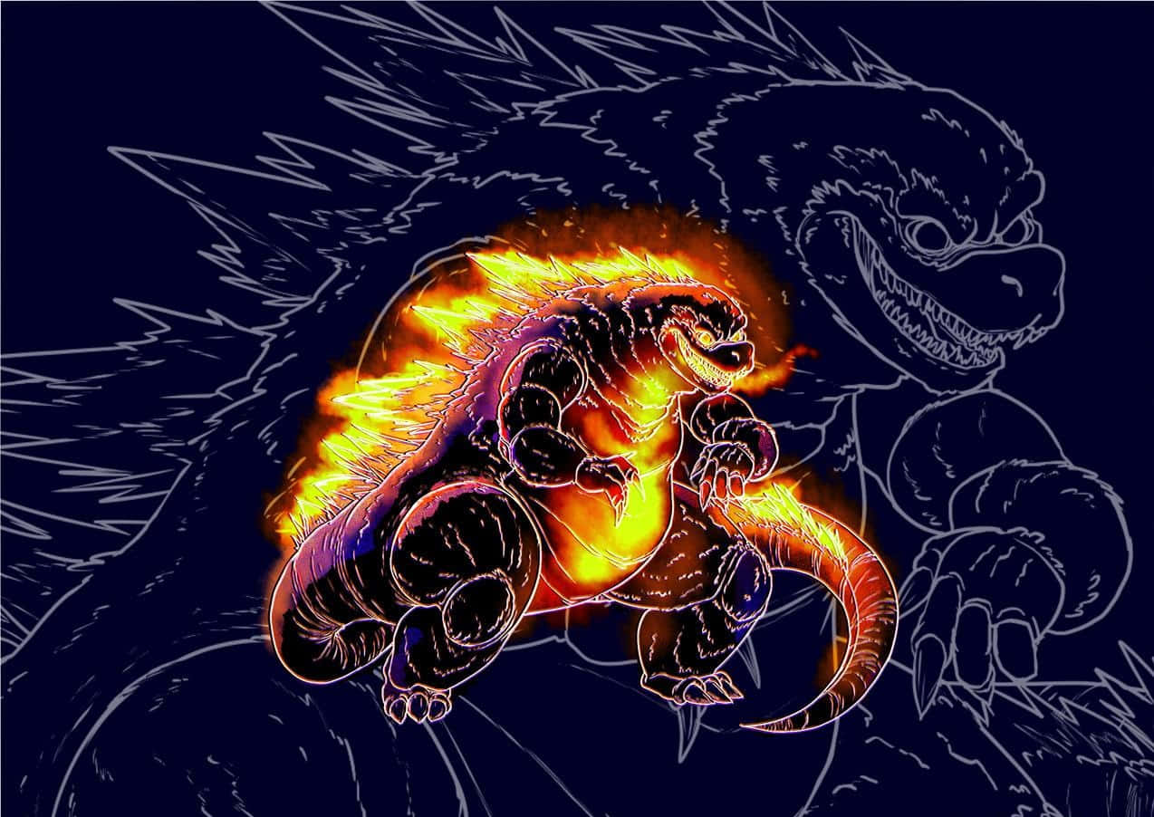 Burning Godzilla 桌布 壁紙 — 一隻熾熱的哥吉拉，背部和尾巴噴發出橙色和黃色的發光火焰，背景為深藍色，並有另一隻哥吉拉的白色輪廓。