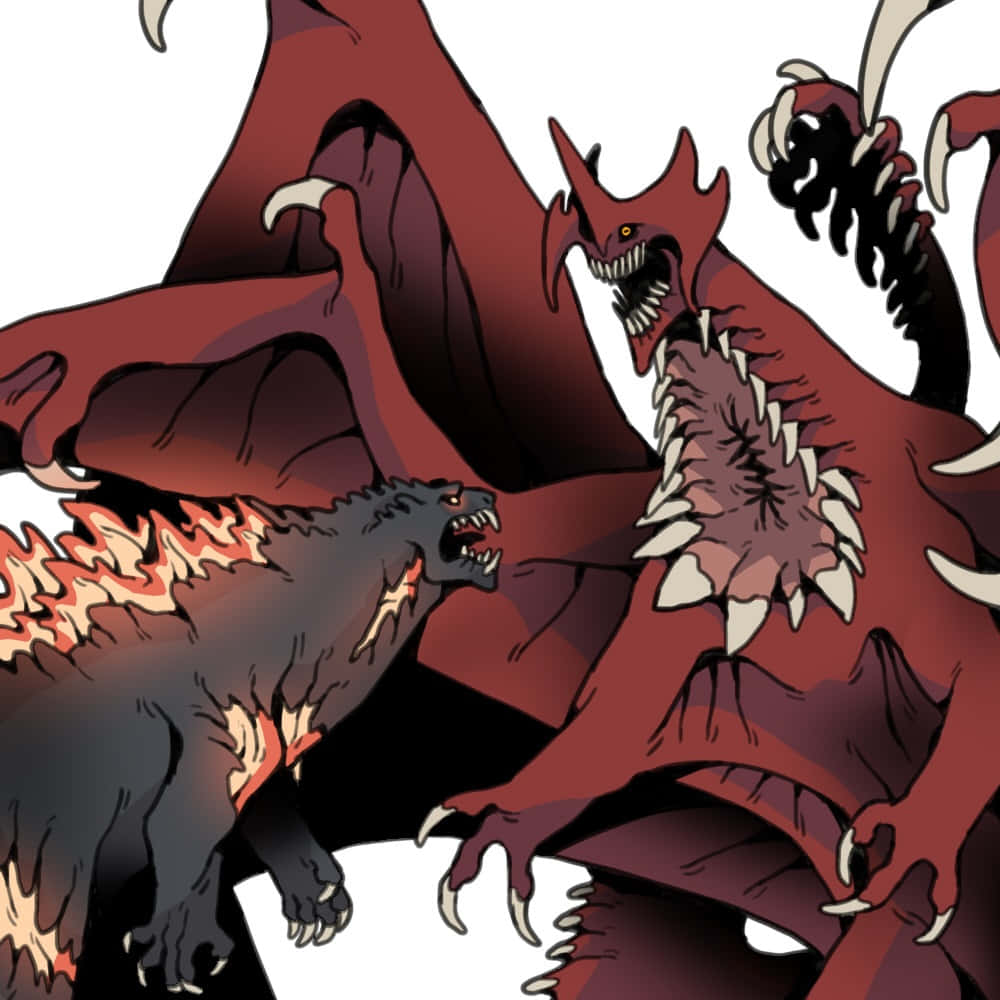 Godzilla Vs Destoroyah 桌布 壁紙 — 一隻熾熱的哥吉拉對著一個高聳的紅色惡魔（有尖刺翅膀和爪子）挑釁地咆哮。
