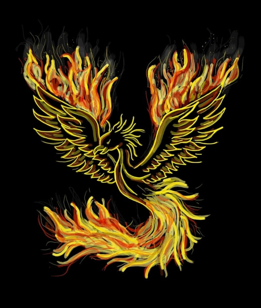 鳳凰 桌布 壁紙 — 一隻燃燒的鳳凰，帶有發光的黃色和橙色火焰，在純黑色背景上展開翅膀。
