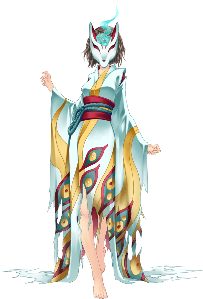 神隱少女 桌布 壁紙 — 一隻狐妖穿著飄逸的白金色和服，戴著青綠色的面具，赤腳站在黑色背景上波光粼粼的水面上。