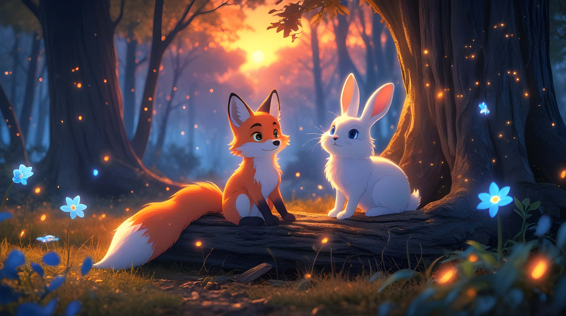 beautiful fox and rabbit wallpaper 壁紙 — 一隻狐狸和一隻兔子在日落時分一起坐在魔法森林中的一根木頭上，周圍有發光的藍色花朵和漂浮的燈光。