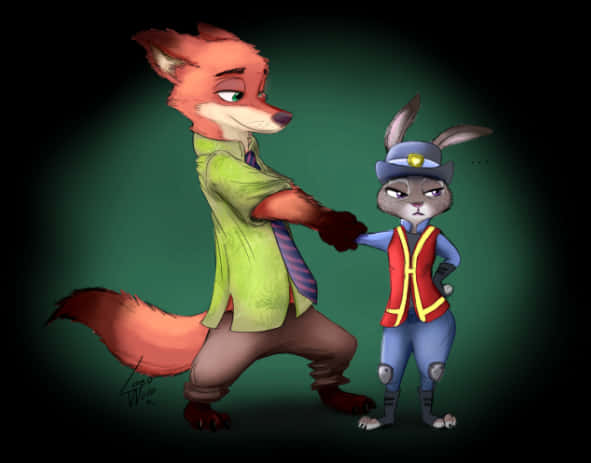 Judy Hopps 桌布 壁紙 — 一隻狐狸和一隻兔子穿著警察制服，在深綠色背景和戲劇性聚光燈下自信地站立。