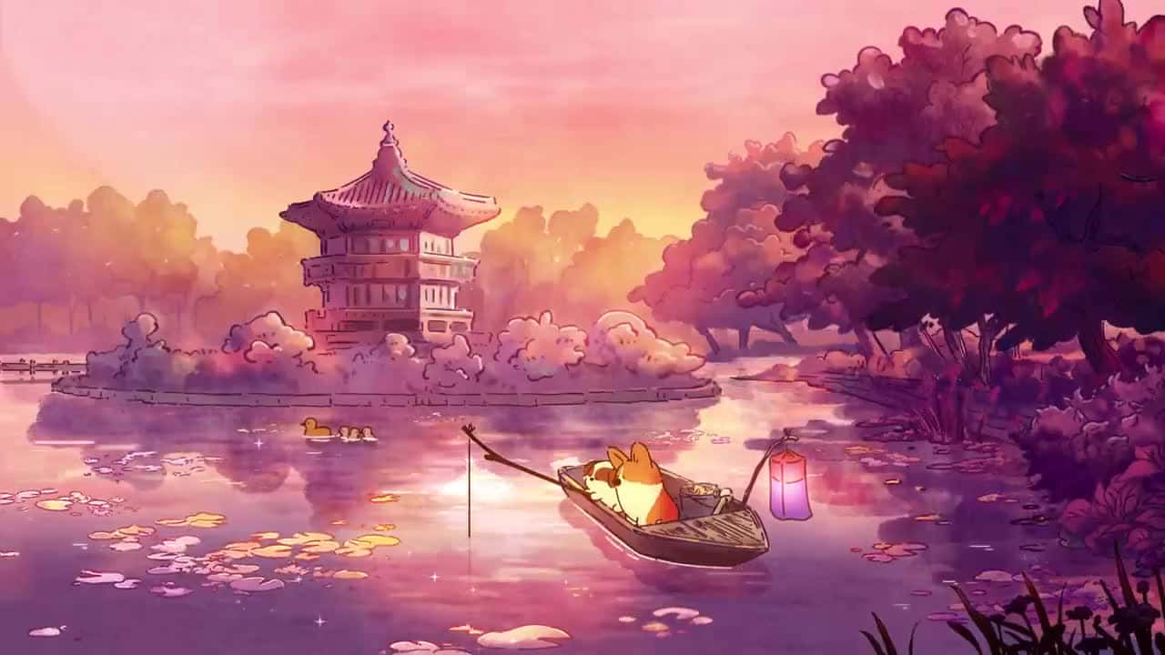動物 桌布 壁紙 — 一隻狐狸在日落時分，在一艘帶燈籠的船上，滑過一座被盛開樹木環繞的寶塔附近的寧靜池塘。