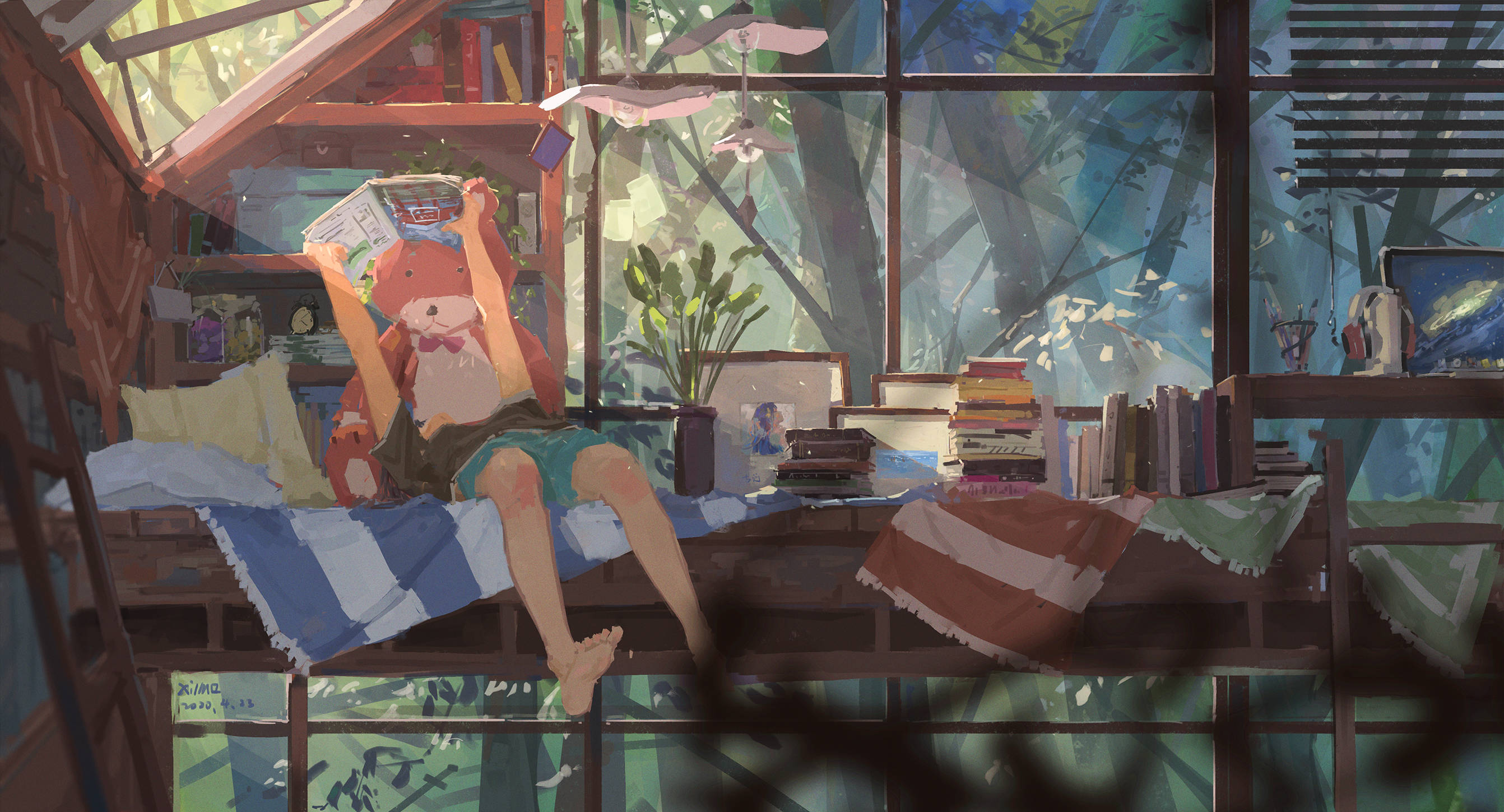 Bedroom 桌布 壁紙 — 一隻狐狸在舒適的閣樓房間裡，透過大窗戶灑進的柔和陽光下看書。