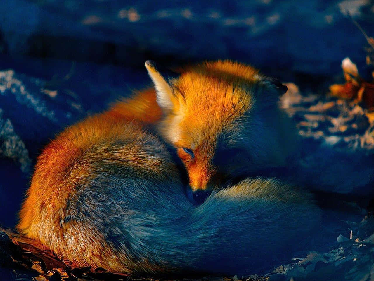 Cool Fox 桌布 壁紙 — 一隻狐狸在金色光芒中蜷縮入睡，背景是深藍色的岩石，閉著眼睛安詳休息。