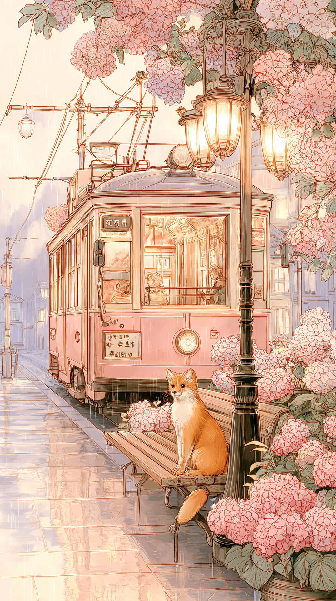 Fox at Tram Stop 壁紙 — 一隻狐狸坐在長椅上，旁邊是粉紅色的繡球花，一輛復古粉紅色電車在街燈下發光，籠罩在霧氣瀰漫的城市場景中。