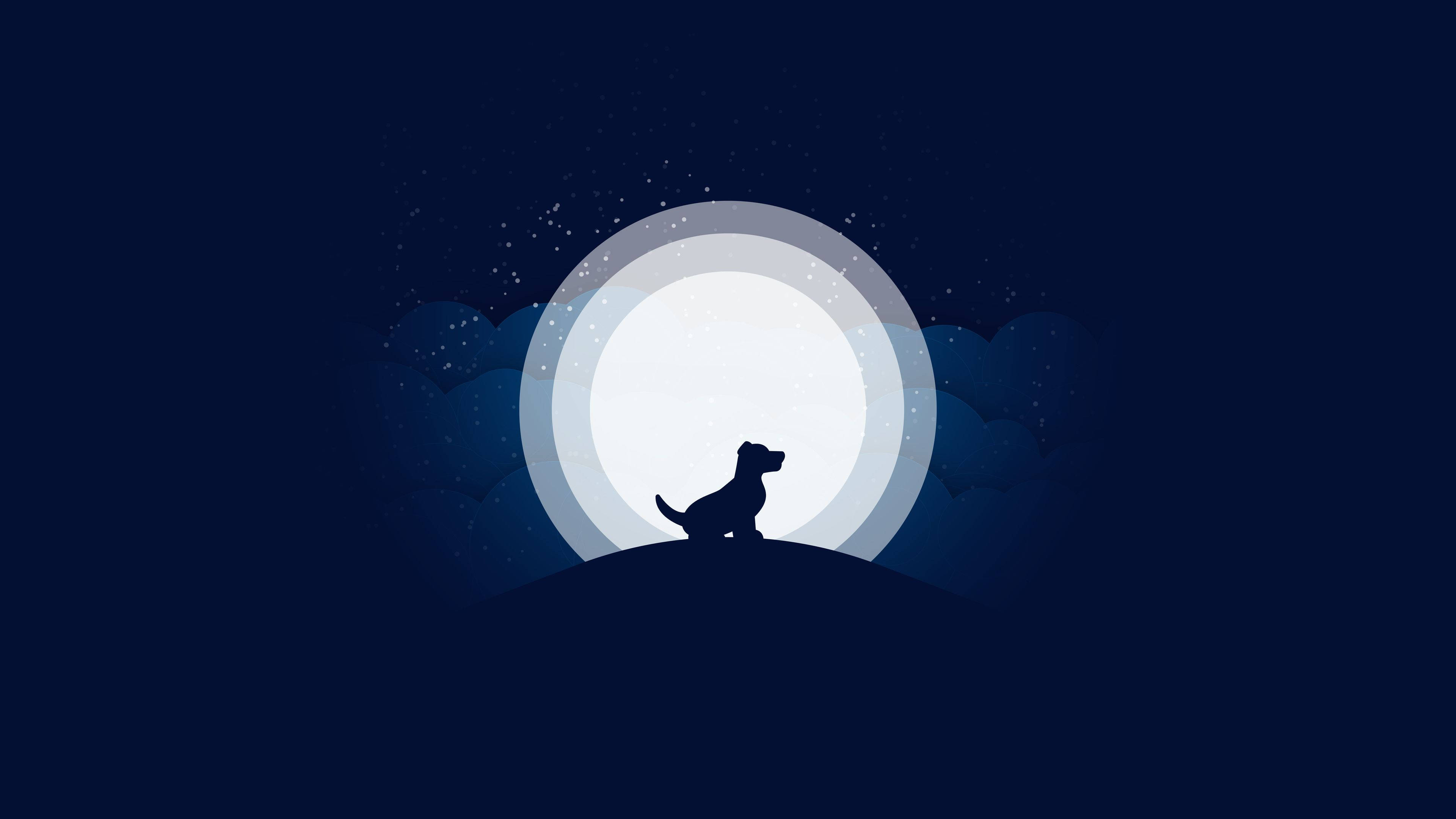 Dog Art 桌布 壁紙 — 一隻狗坐在山頂上，凝視著星空夜空中一輪巨大的發光月亮的剪影。